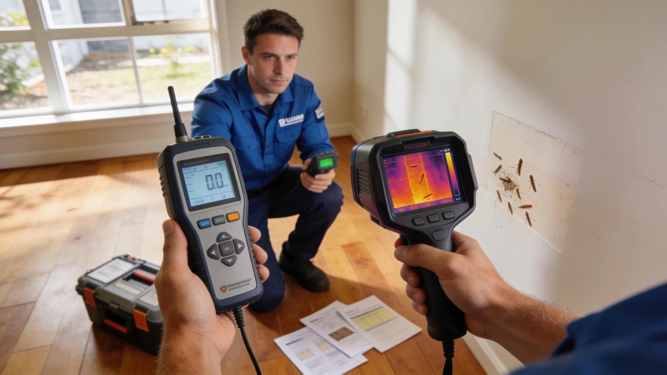 Inspector utilizing tools like moisture meter and thermal imaging camera during termite inspection