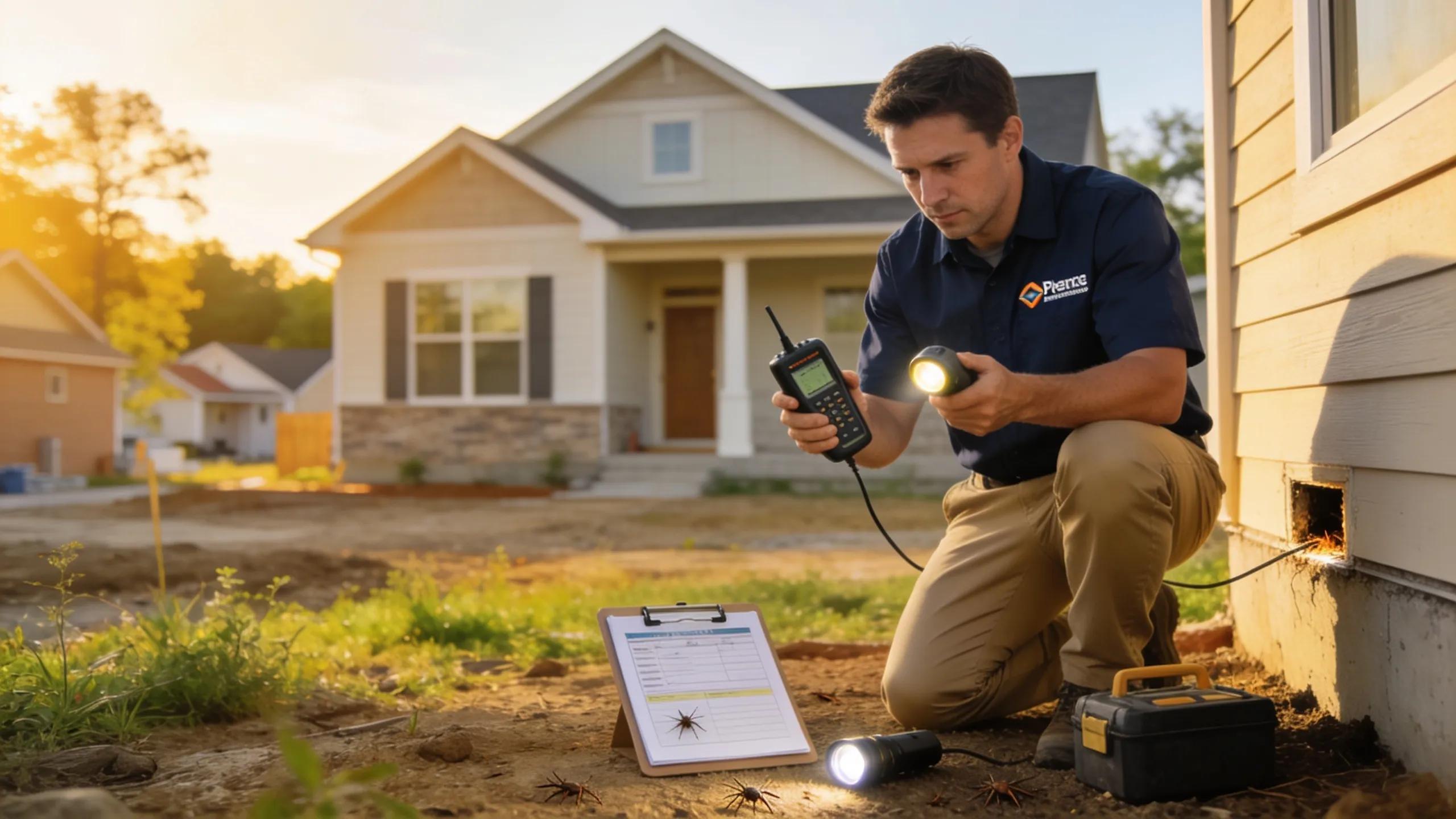 Pest control technician inspecting a new home in suburban Clyde North for pests