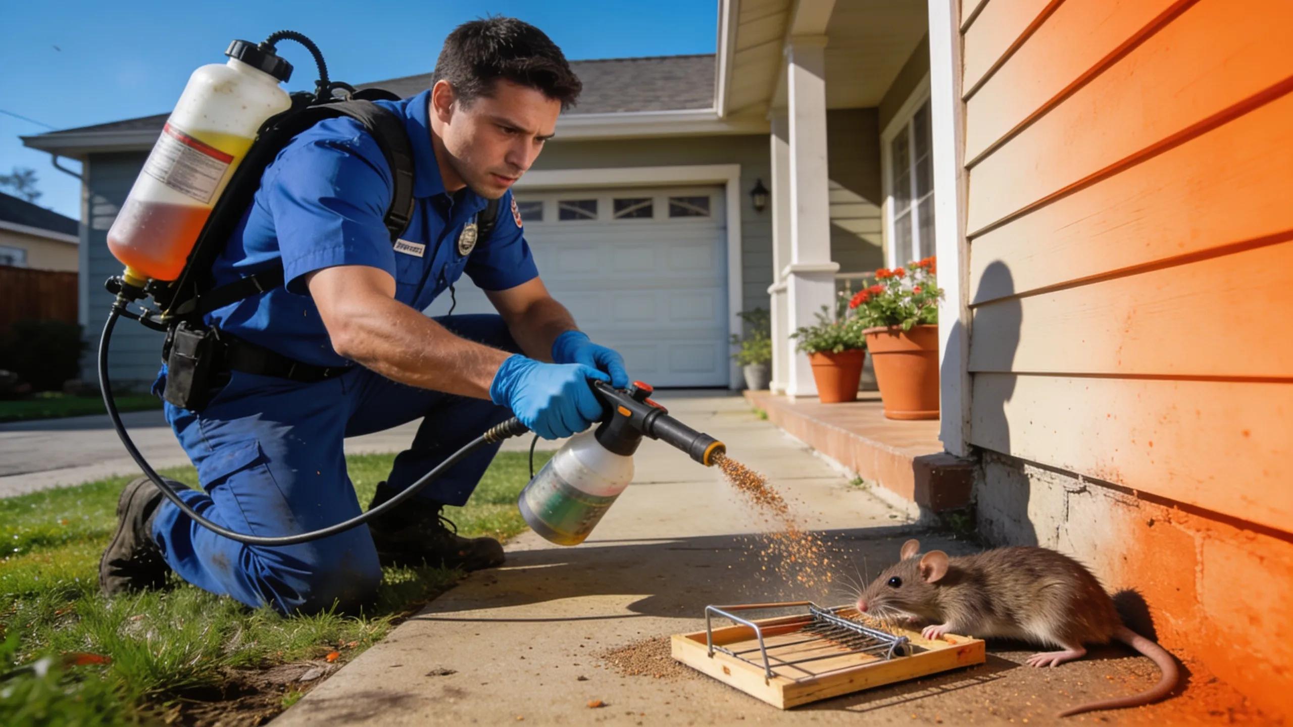 Emergency pest control technician addressing a pest issue in a suburban home, highlighting urgent response measures