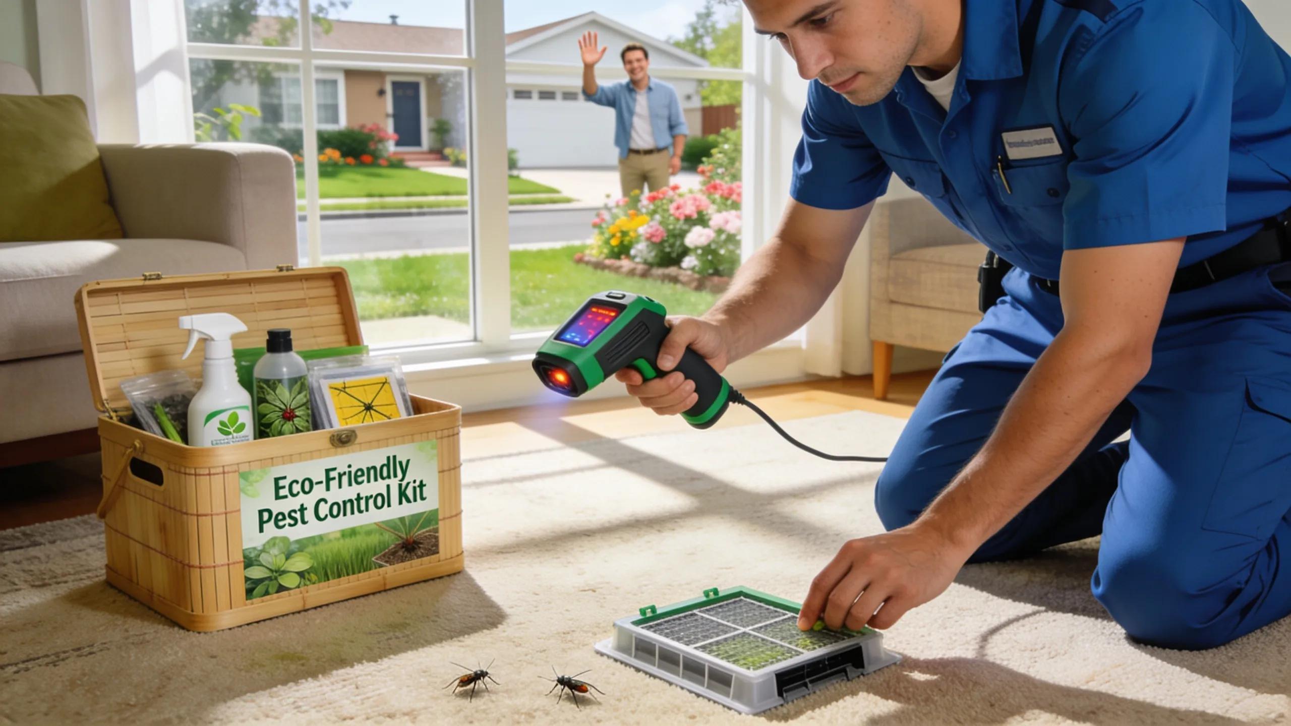 Pest control professional conducting an inspection with eco-friendly tools in a residential setting