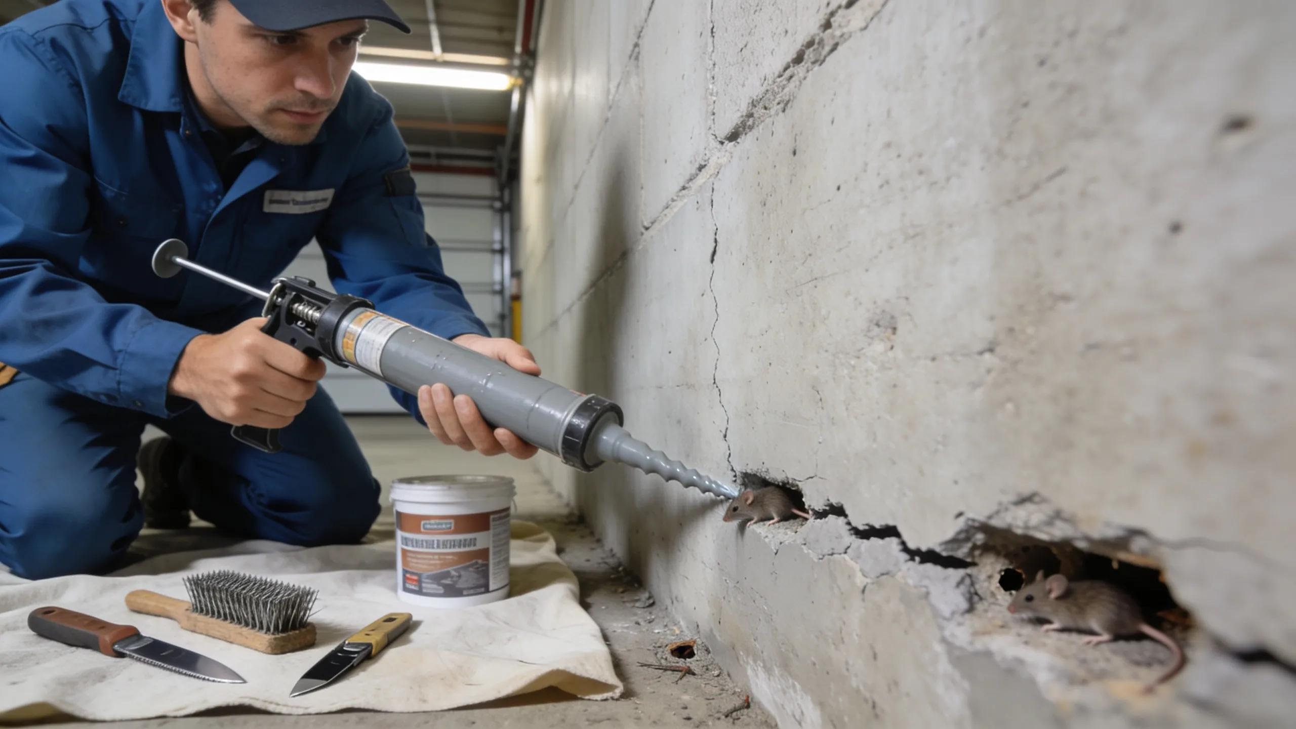 Close-up of rodent-proofing being applied in a commercial space, showcasing sealing materials and techniques