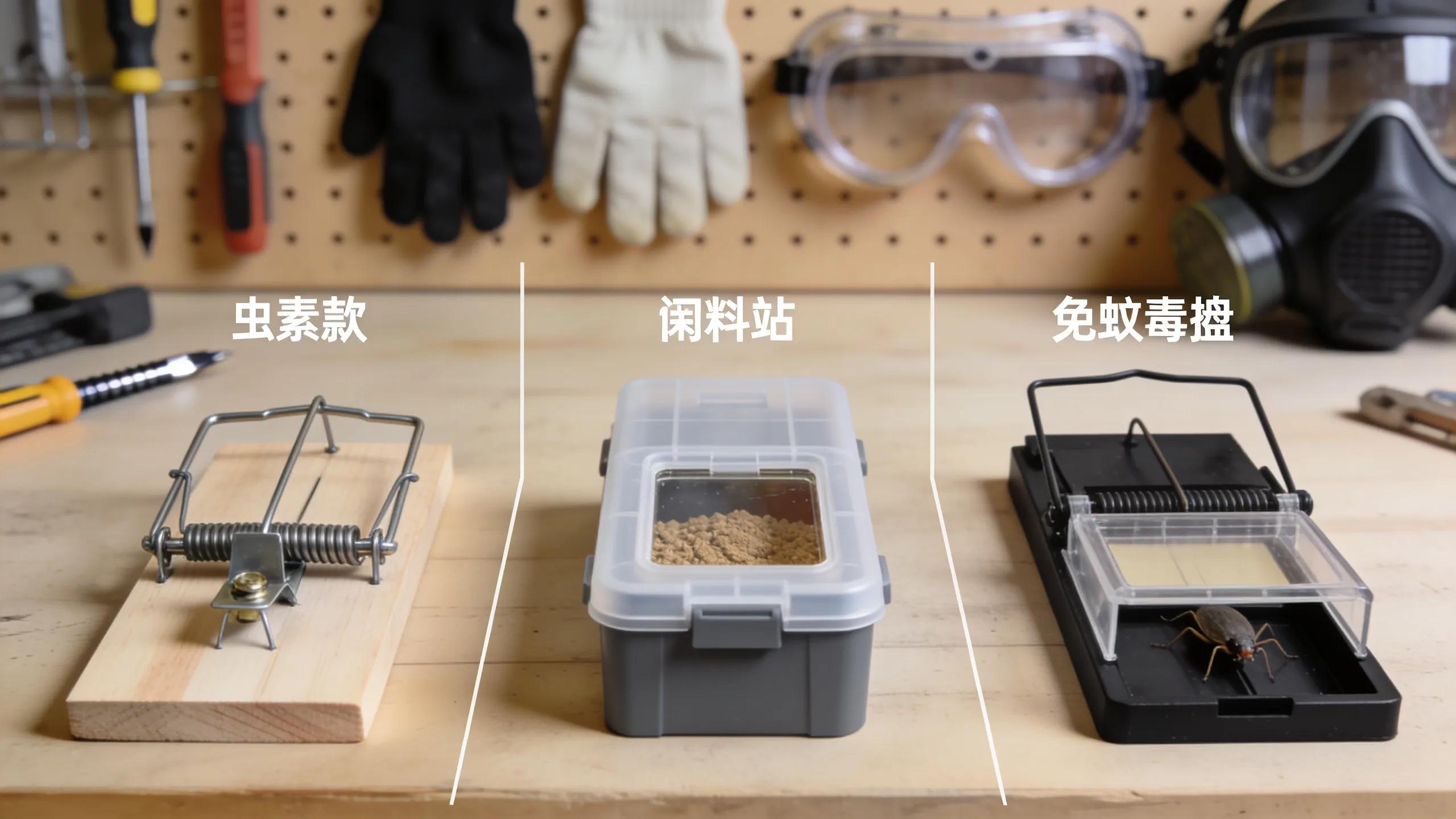 Different rodent baiting tools arranged on a workbench showcasing baiting techniques