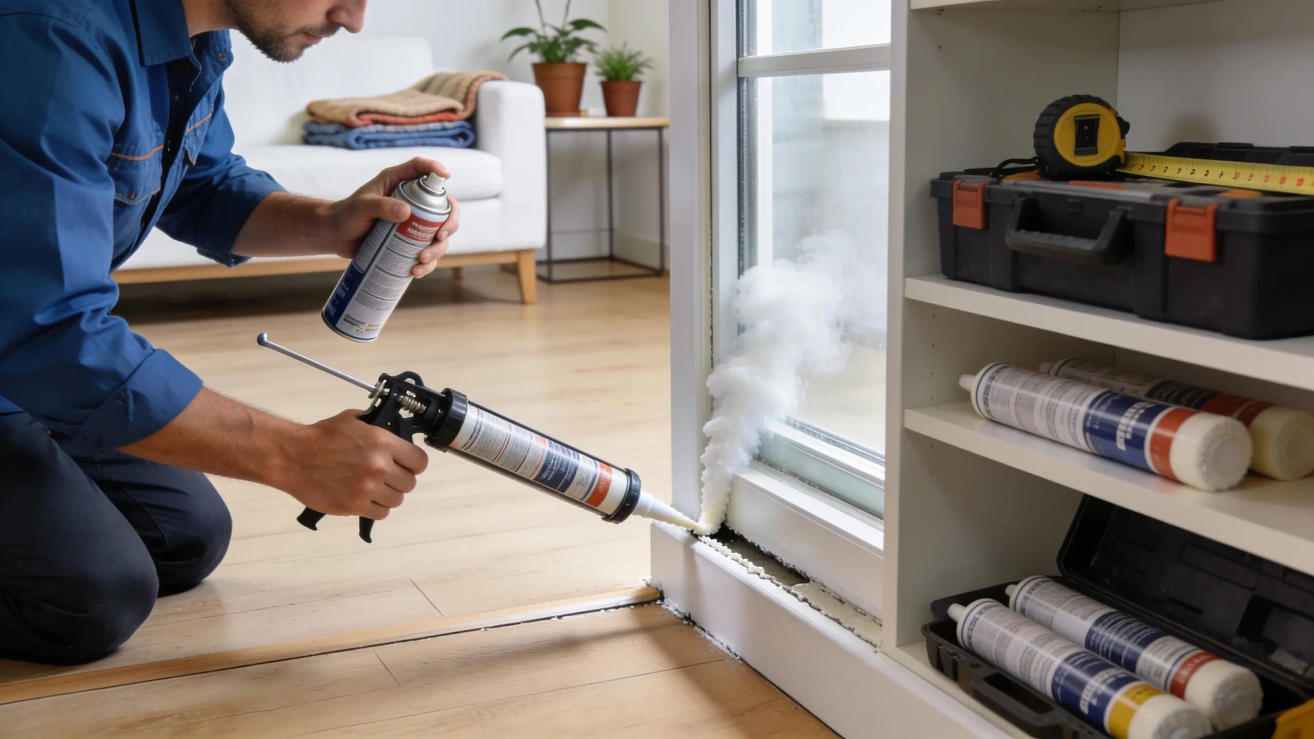 Homeowner sealing entry points to prevent pests in a clean living space