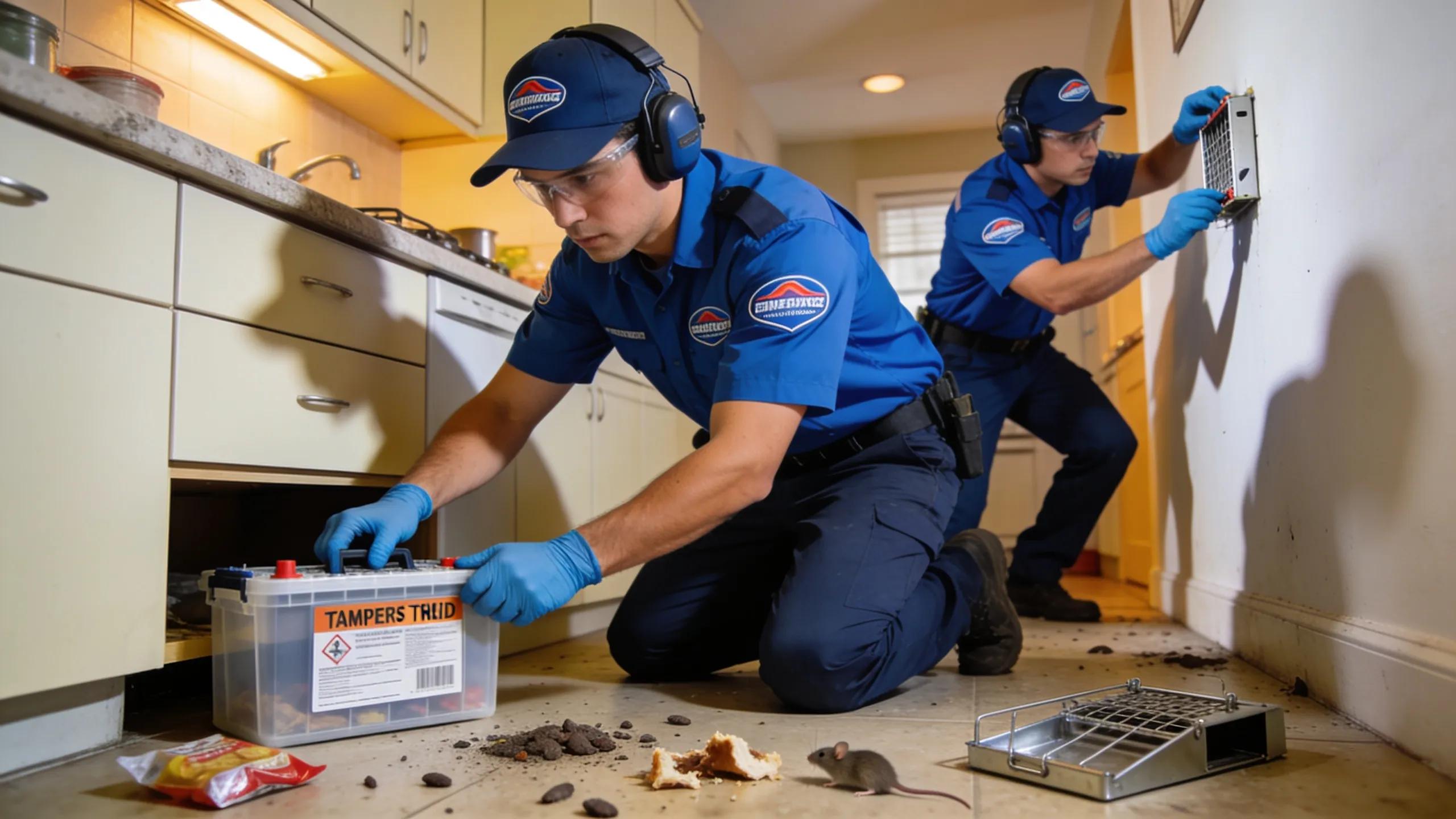 Emergency pest control technicians deploying bait stations during a rodent infestation response