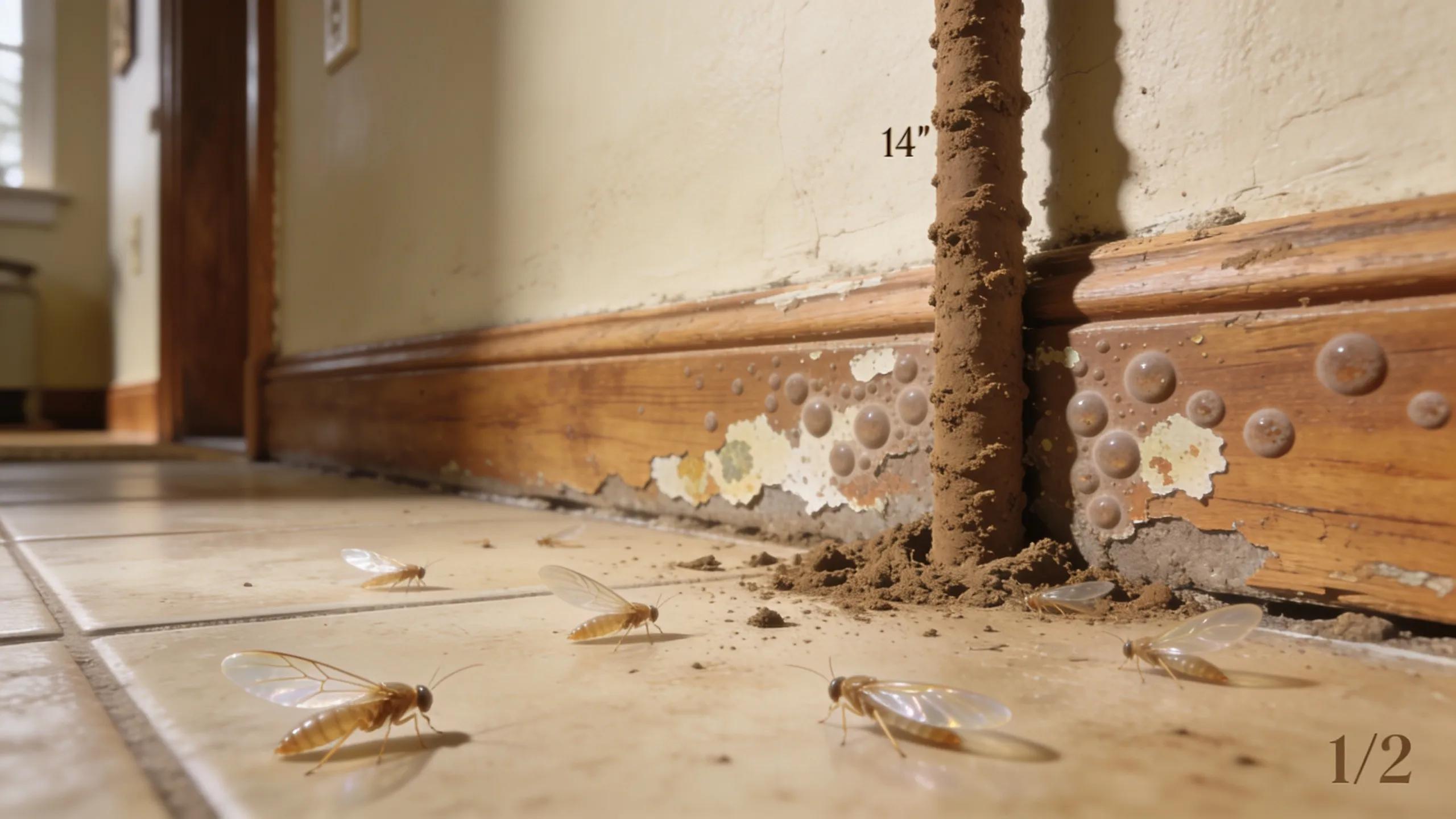 Visible signs of termite activity including mud tubes, discarded wings, and bubbling paint