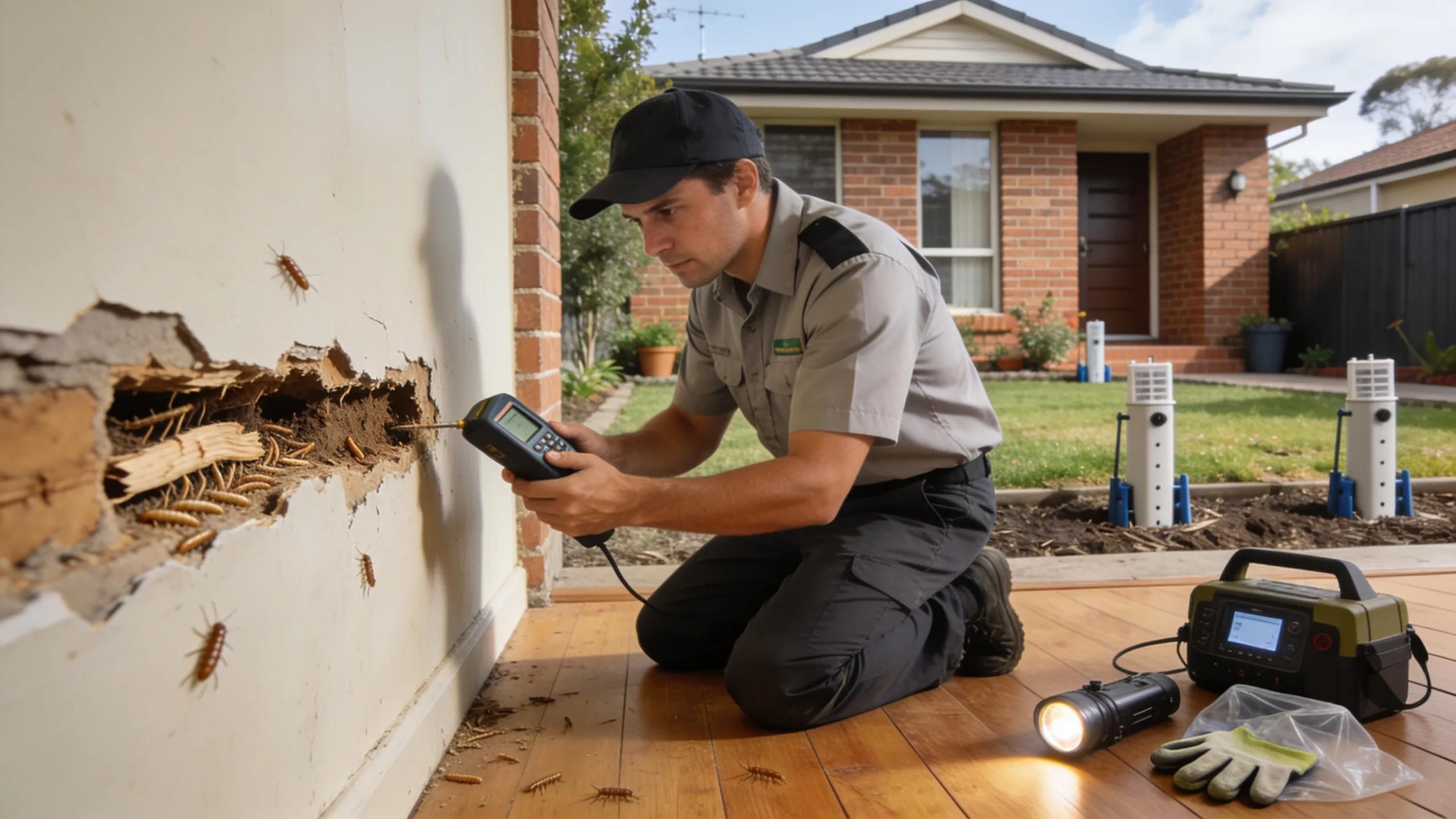 Professional termite inspection in Melbourne home with pest control technician assessing property
