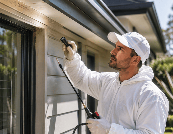 Pest control technician inspecting eaves and exterior of Melbourne home for spider activity.