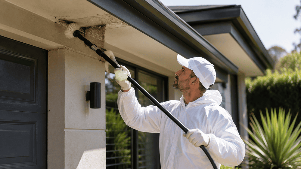 Spider web removal from eaves and exterior of Melbourne property.