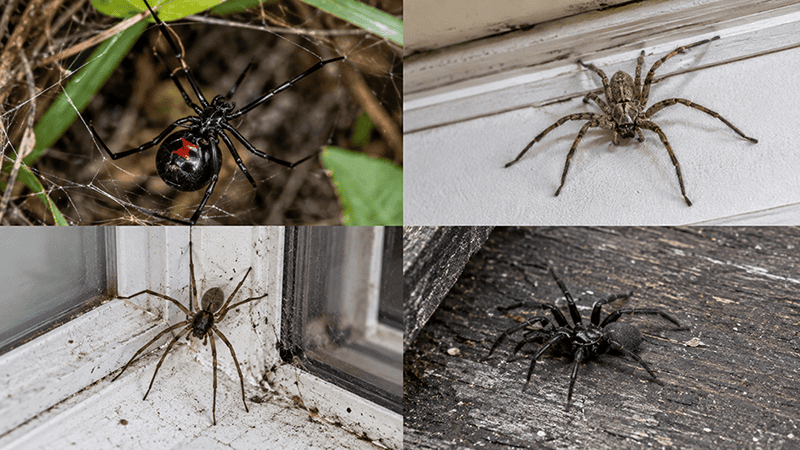 Redback and huntsman spiders in webs and around buildings, Melbourne pest control.
