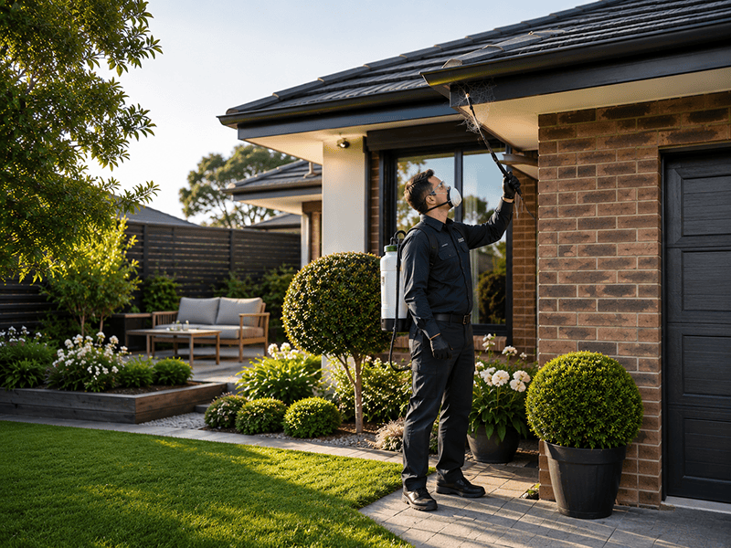 MelBuzz Pest Control technician treating eaves and outdoor areas of a Melbourne home for spider