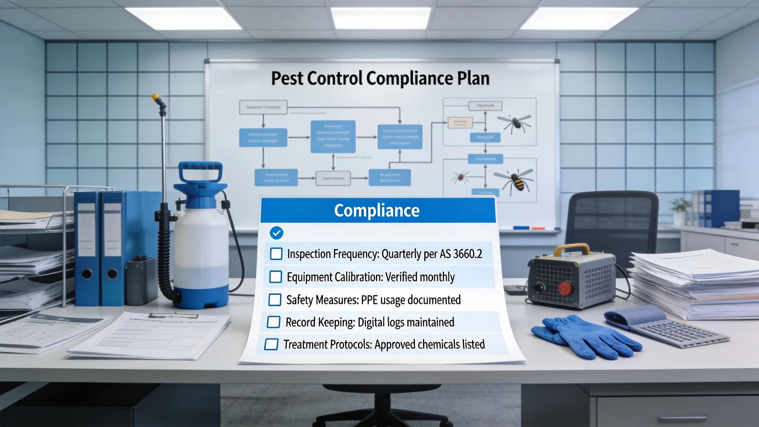 Visual representation of AS 3660.2 compliance checklist for termite management and procedures