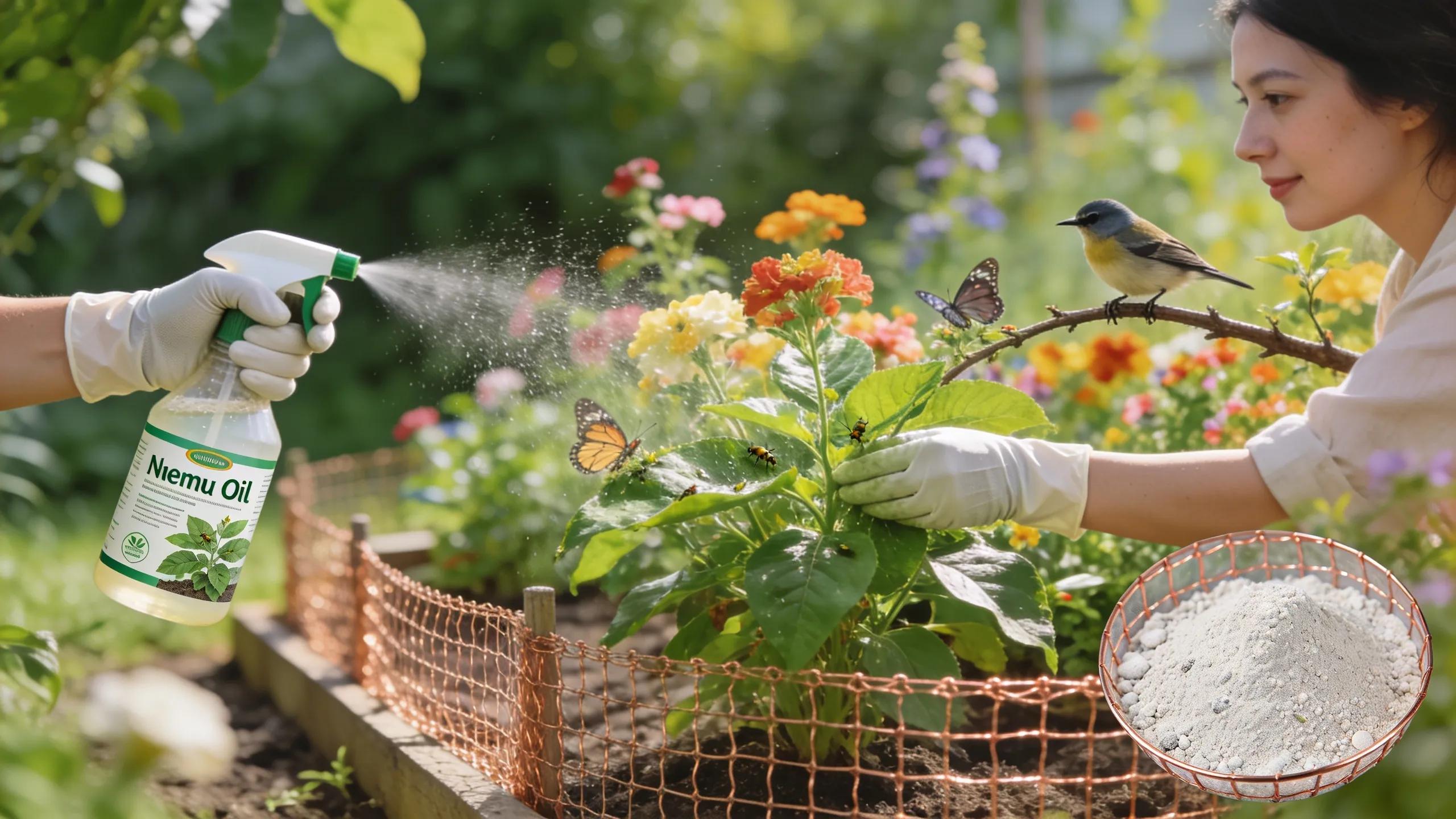 Eco-friendly pest control solutions displayed in a garden setting, highlighting safe and natural treatment options