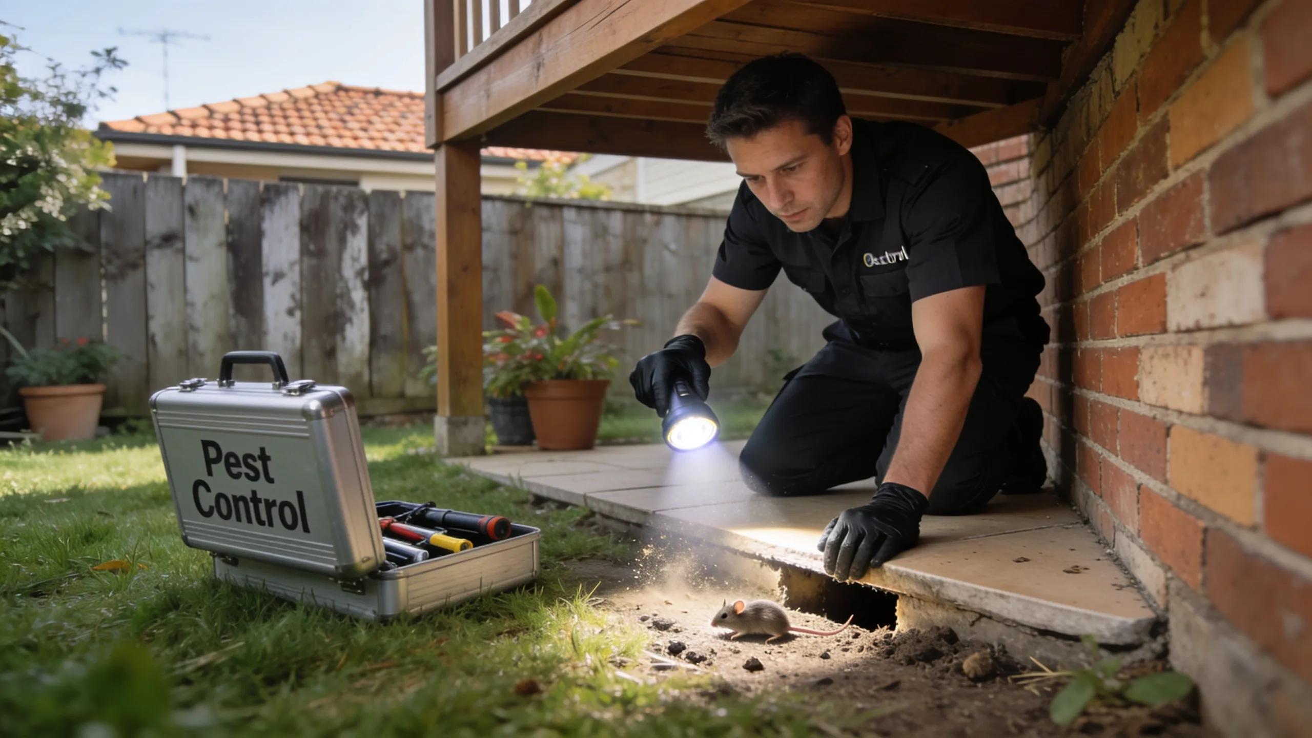 Professional pest control technician inspecting a Melbourne home for rodent signs, focusing on entry points
