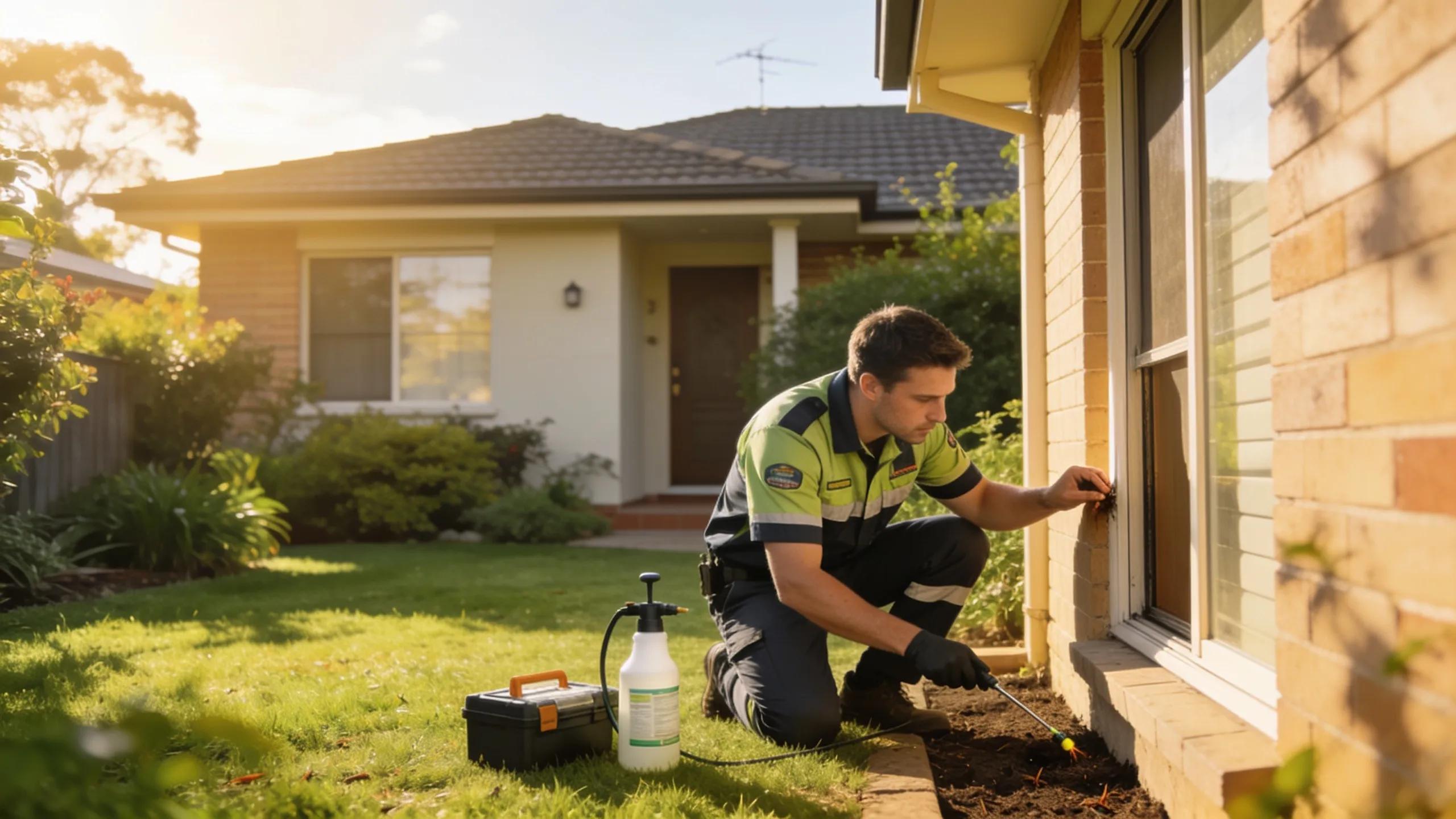 Suburban pest control technician inspecting a home in Melbourne for pest issues, conveying safety and professionalism