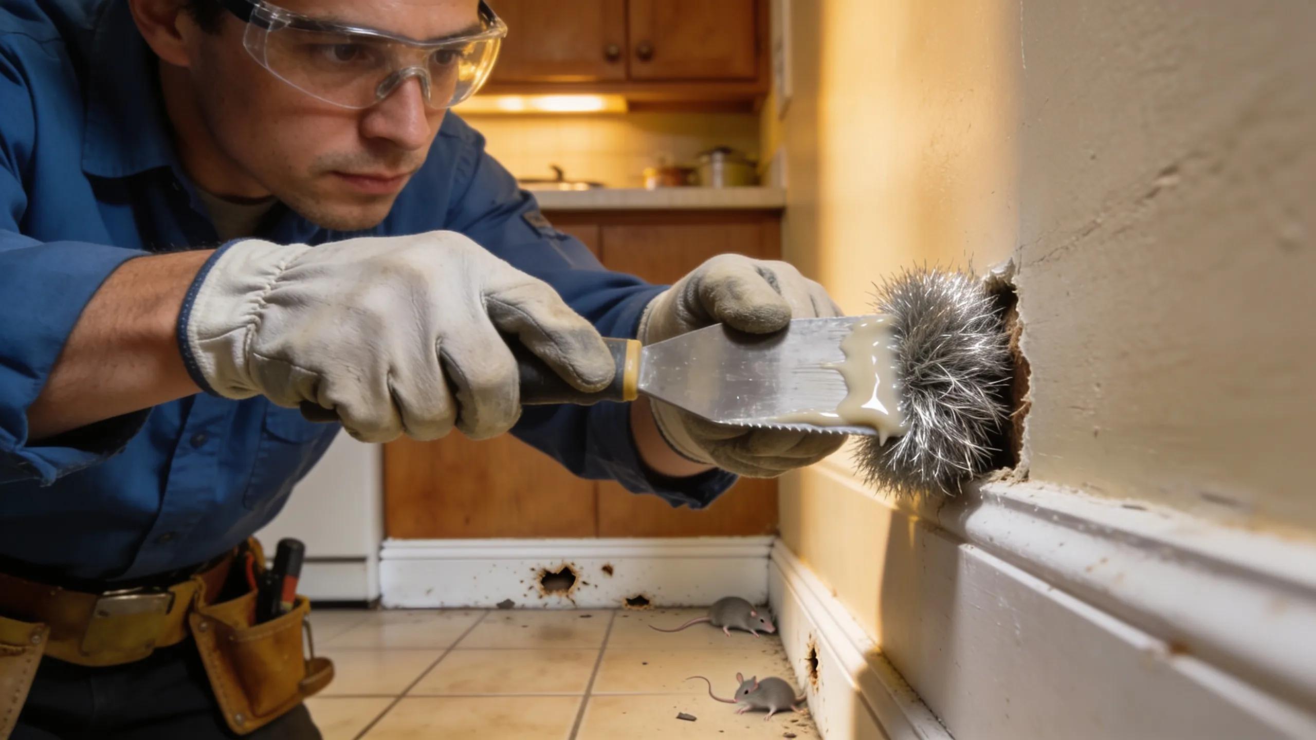 Technician sealing gap in wall with steel wool and caulking to proof against rodents