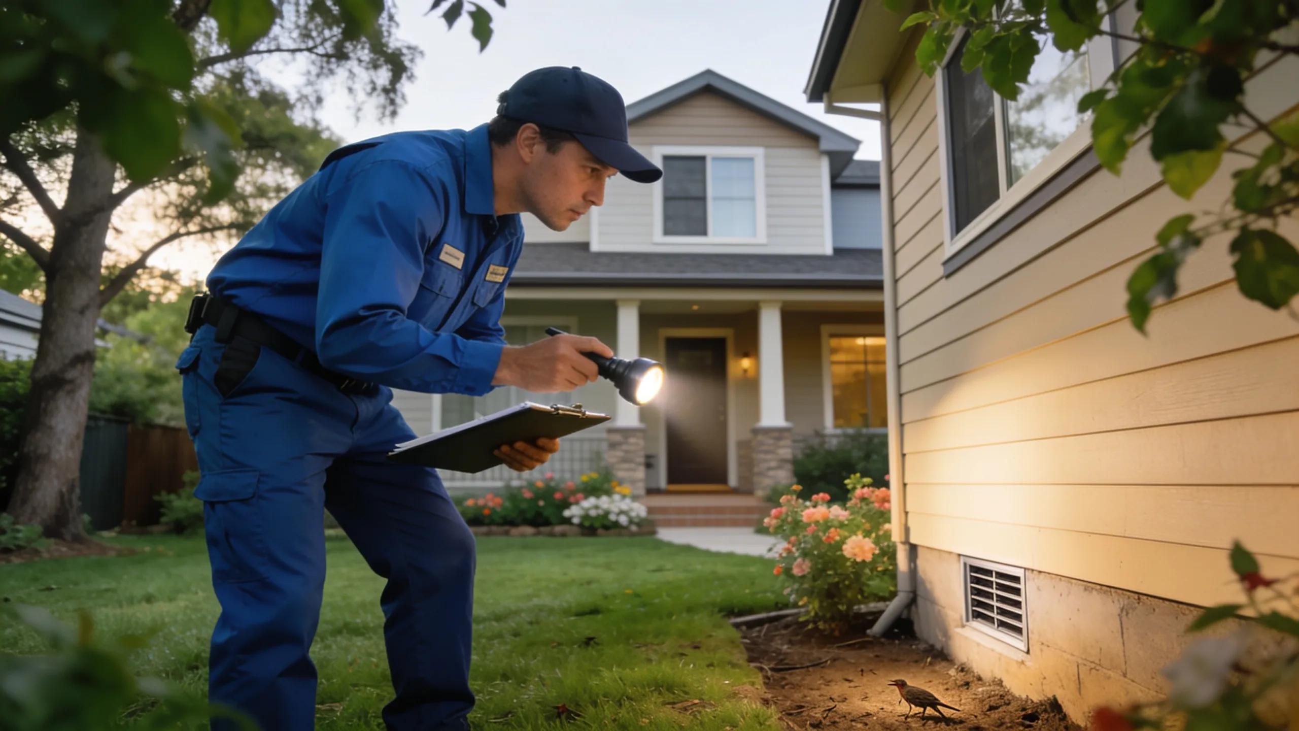 Pest control professional inspecting a newly built house in a suburban setting, emphasizing proactive pest management in Clyde