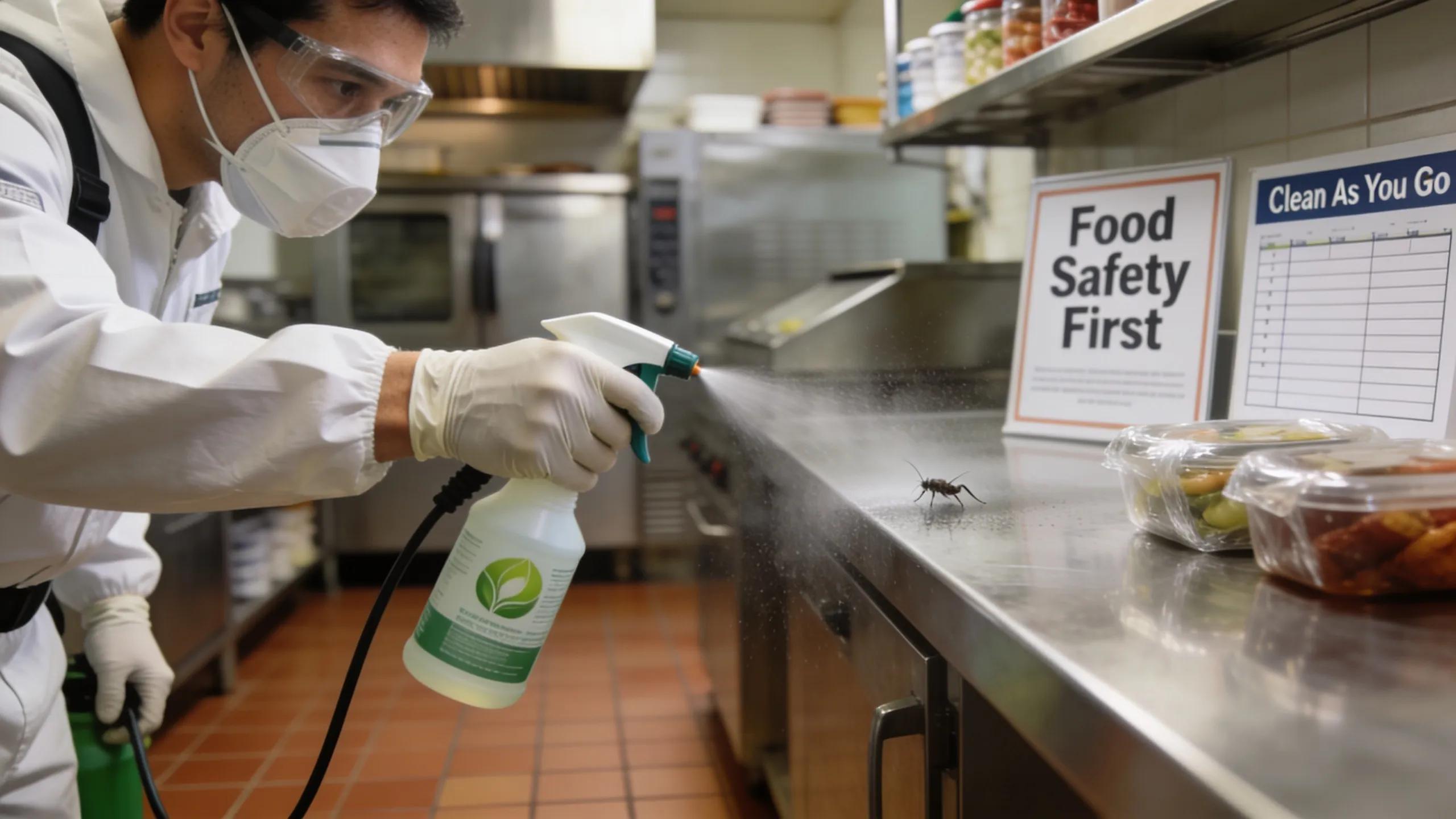 Pest control professional applying eco-friendly treatments in a commercial kitchen