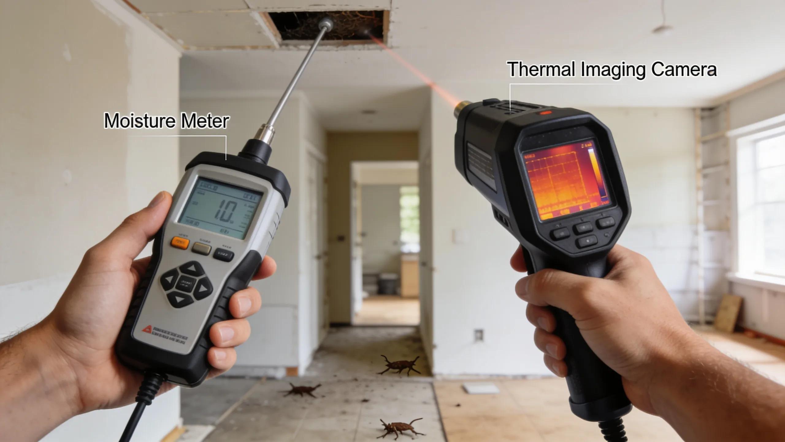 Advanced inspection tools including moisture meters and thermal imaging cameras used by pest control professionals