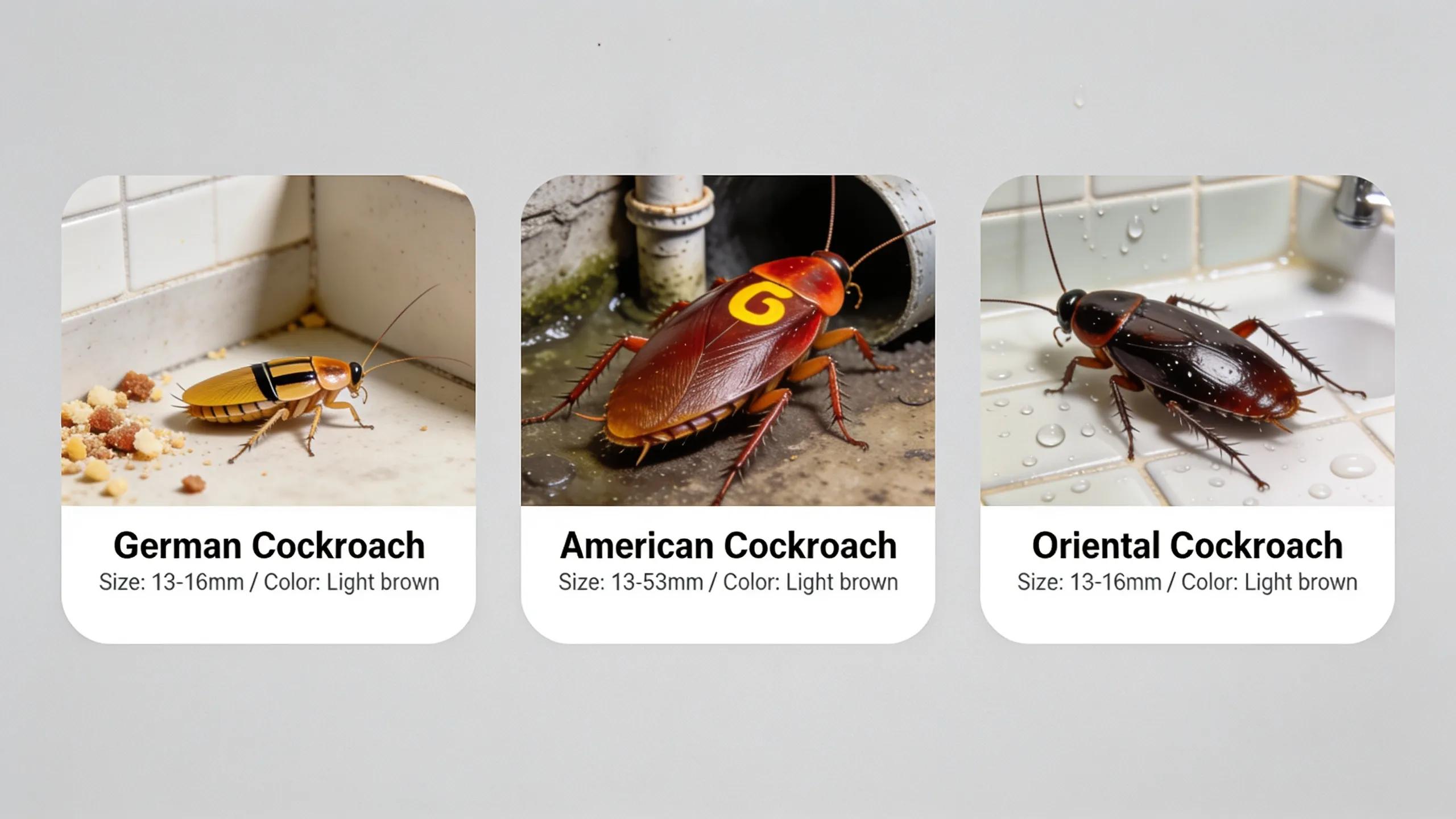 Comparison of German, American, and Oriental cockroaches highlighting key identification features