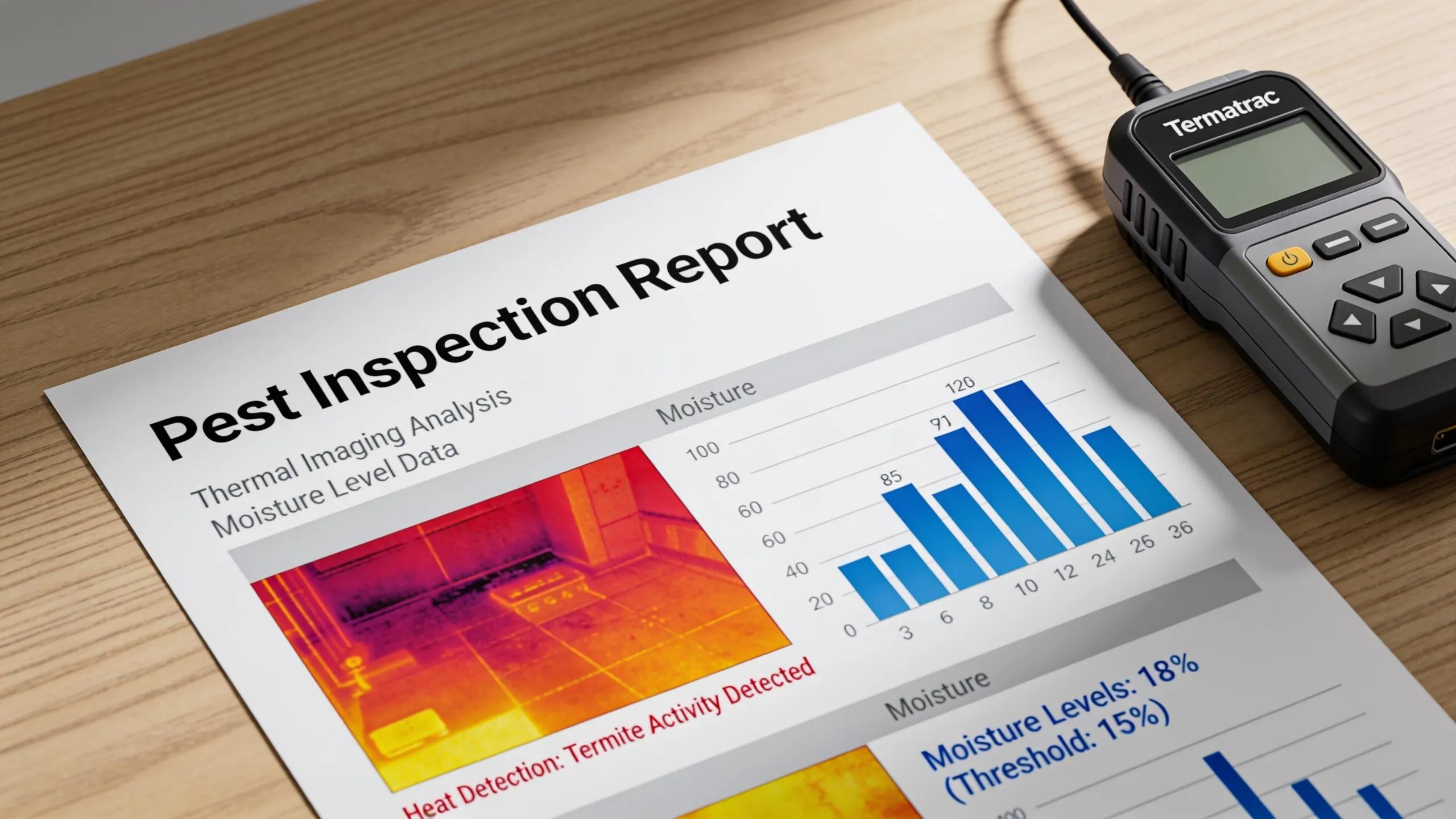 Detailed pest inspection report featuring thermal imaging and moisture readings