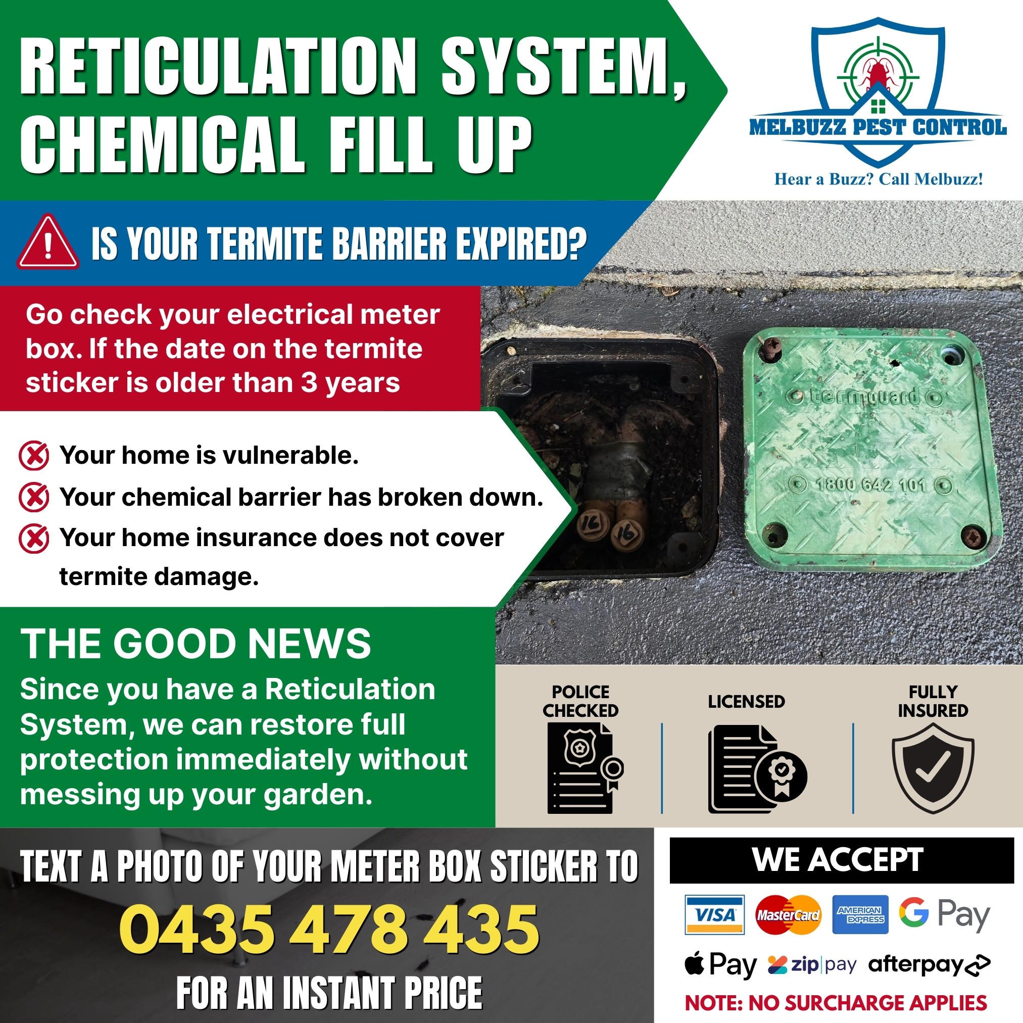 Melbourne homeowner scheduling termite reticulation refills with pest control professional in a residential setting.