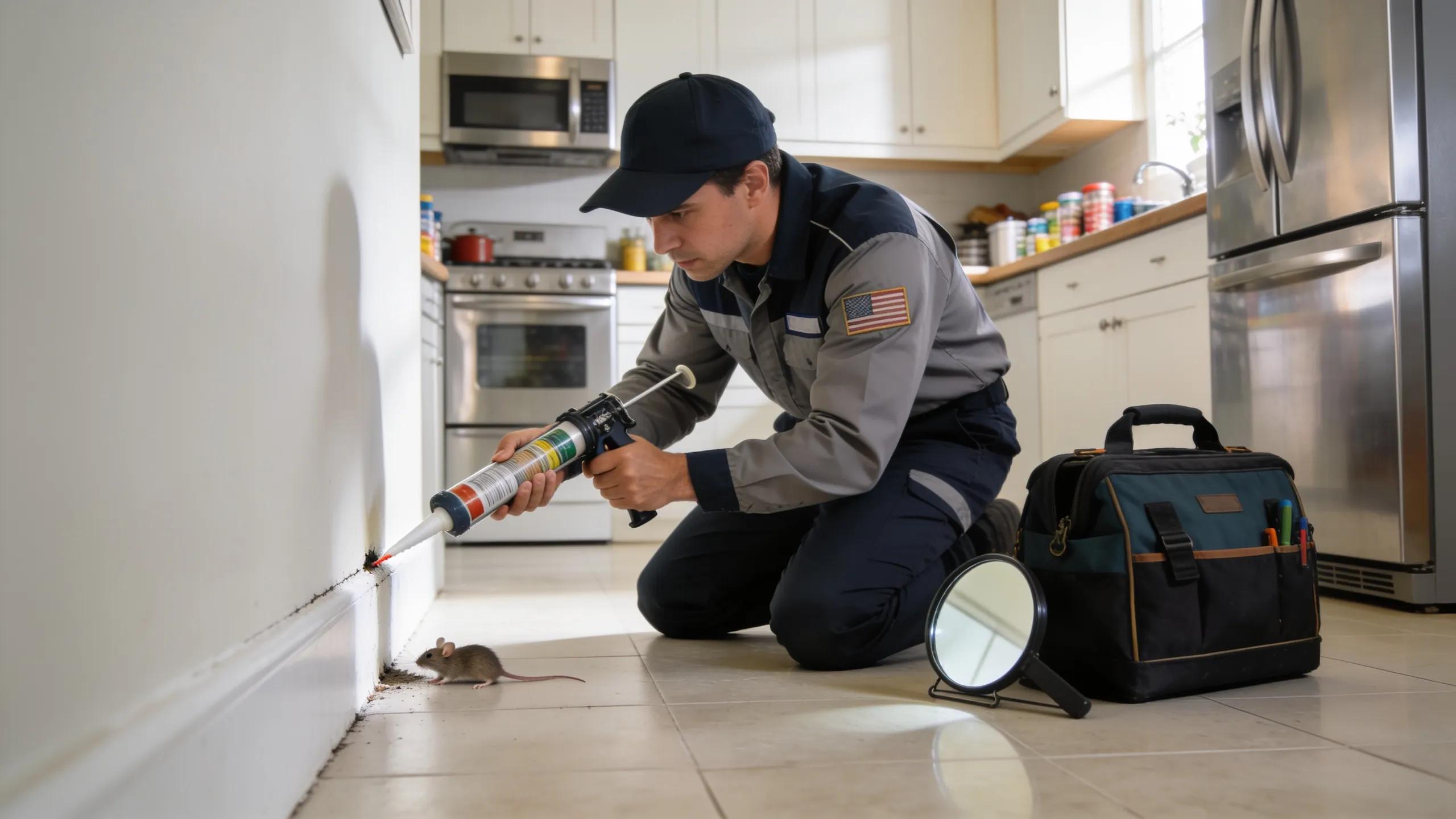 Pest control technician sealing entry points in a clean kitchen for rodent prevention