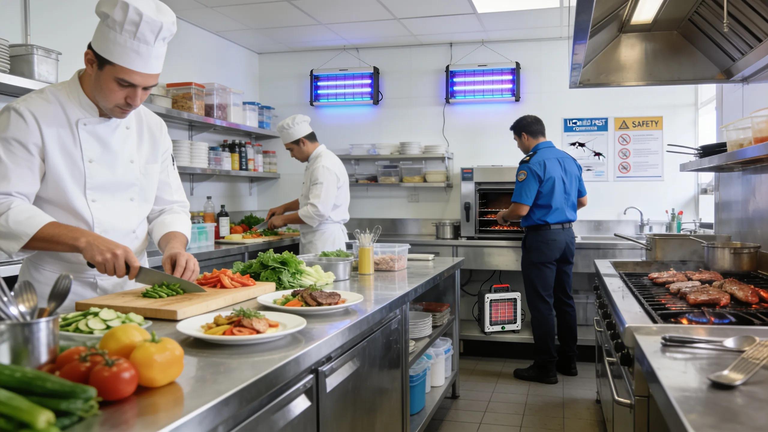 Commercial kitchen in Melbourne with chefs and pest control professional ensuring hygiene and safety