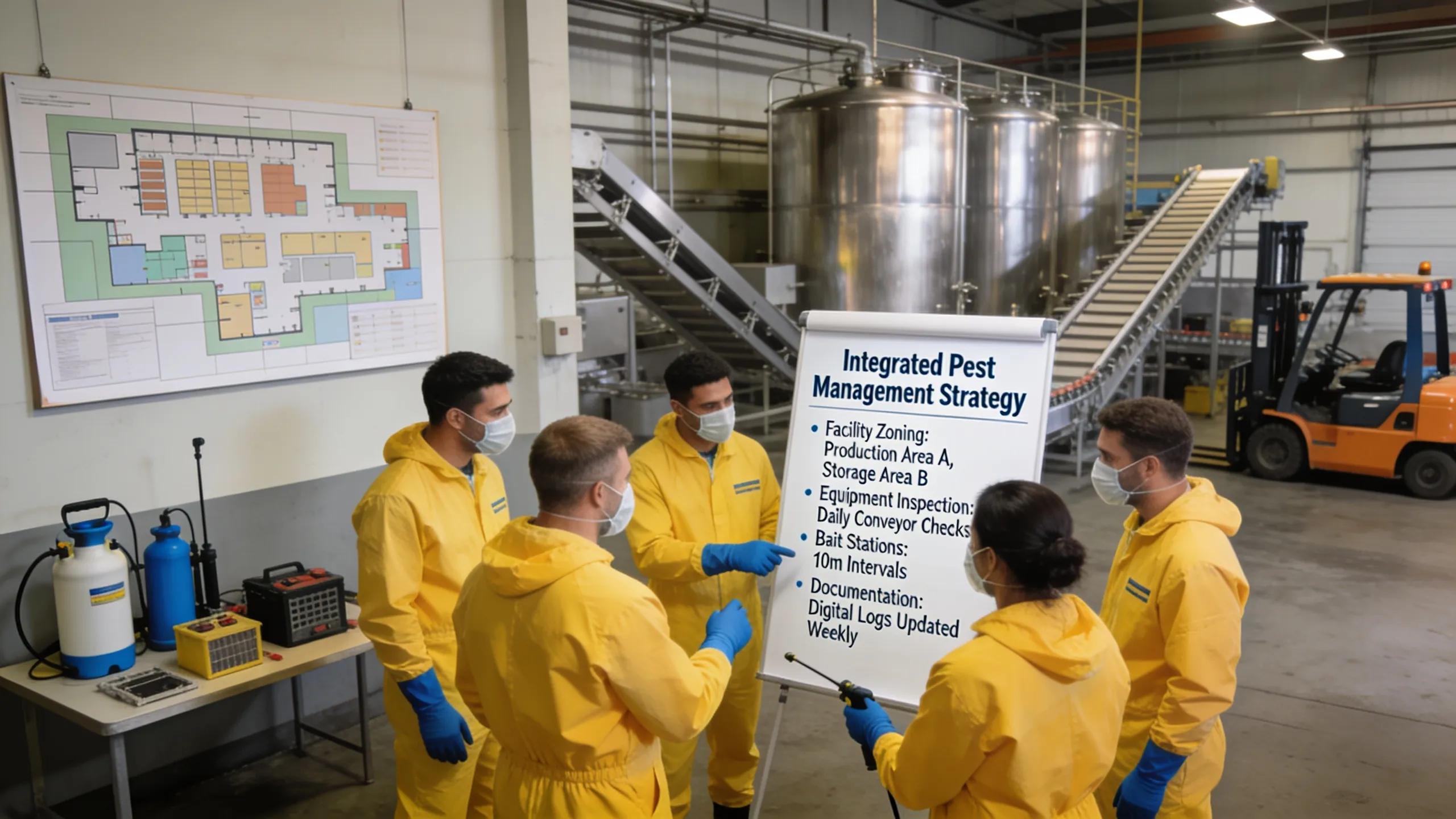 Pest management professionals discussing strategies in a food manufacturing facility