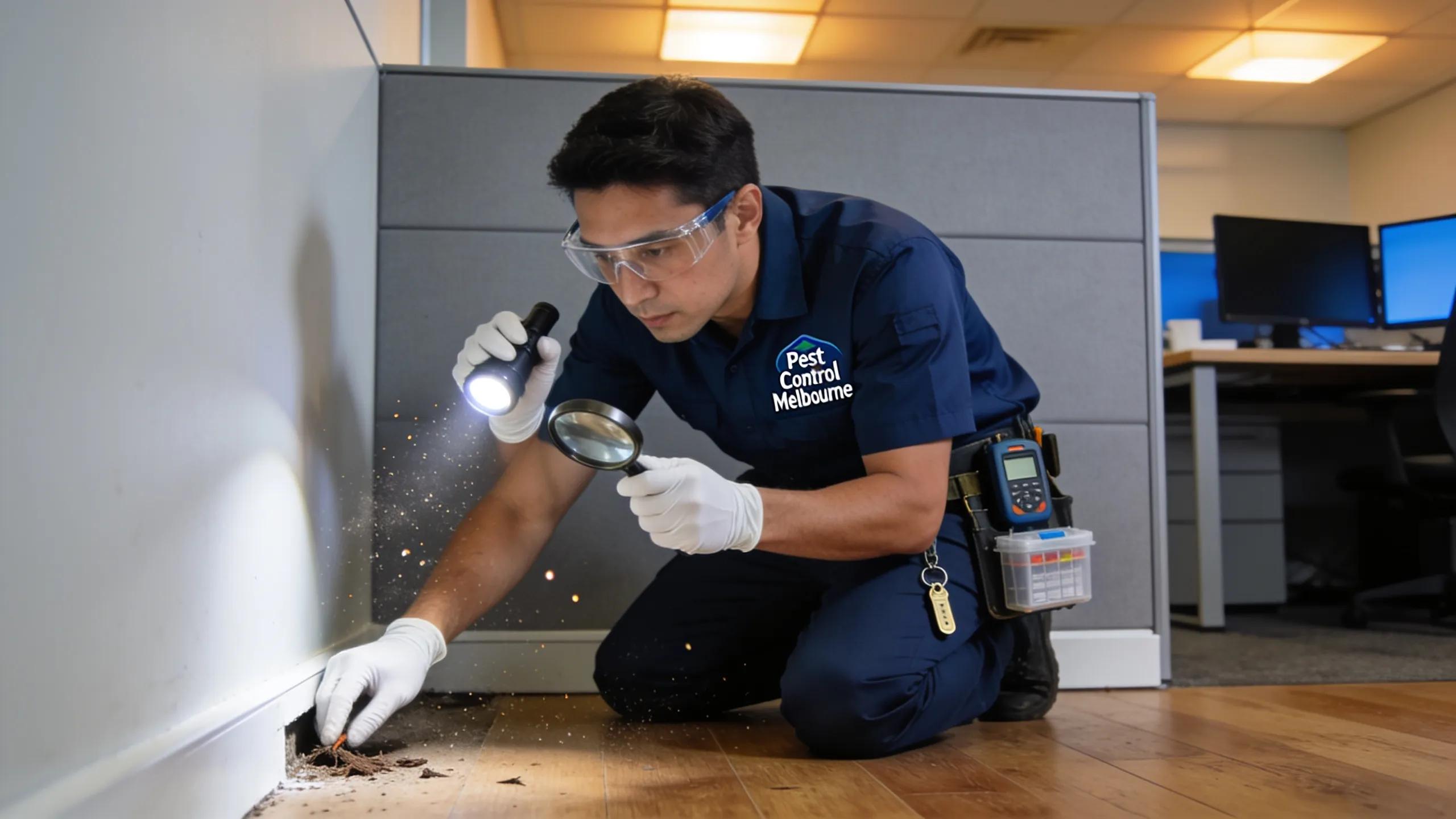 Licensed technician conducting a pest inspection in a Melbourne office