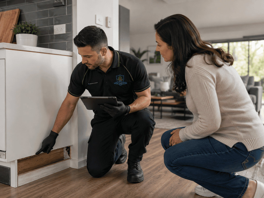 MelBuzz pest control technician inspecting a kitchen cabinet with a homeowner in Melbourne, using a