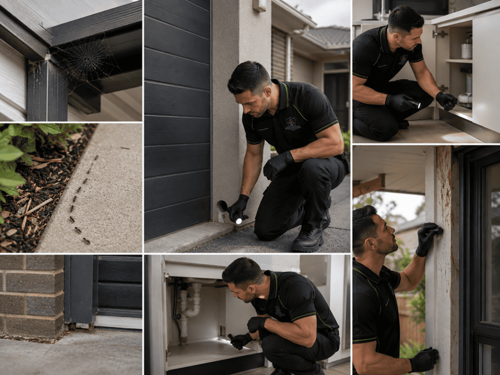 MelBuzz pest control technician inspecting a Melbourne home for ants, spiders, and other pests, highlighting