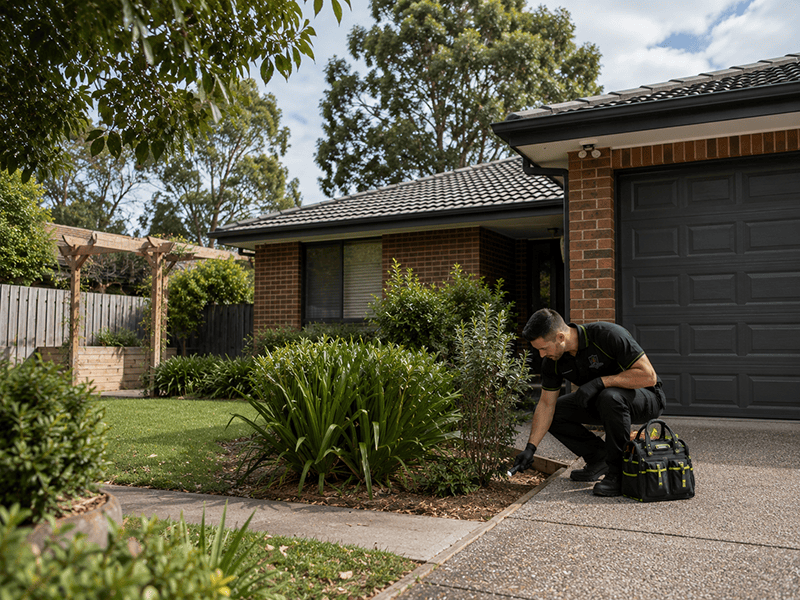 MelBuzz Pest Control technician inspecting a Melbourne home's landscaping for potential pest entry points, emphasizing