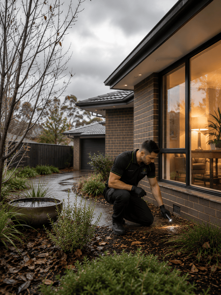 MelBuzz Pest Control technician inspecting a Melbourne home's foundation for pest entry points, highlighting seasonal
