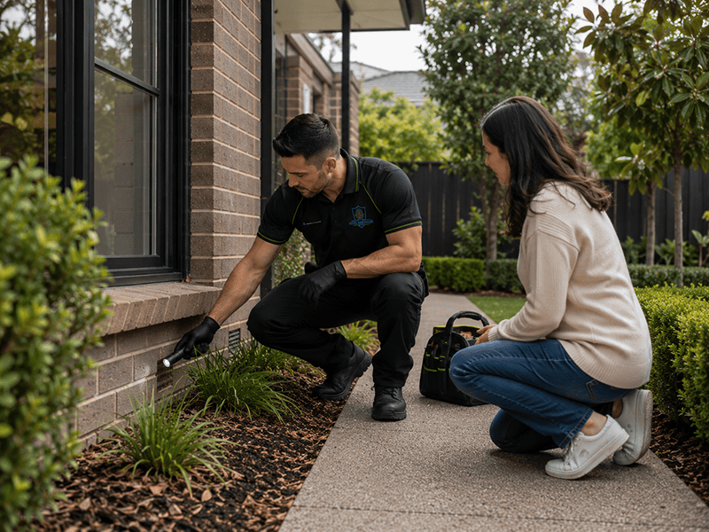 MelBuzz Pest Control technician inspecting a Melbourne home's foundation for signs of pests or structural