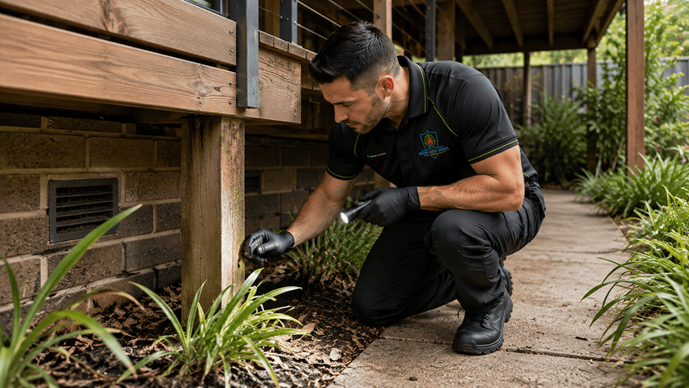 MelBuzz Pest Control technician inspecting a home's subfloor for termite activity, using a flashlight to