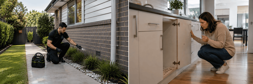 MelBuzz pest control technician inspecting a Melbourne home's exterior and interior for entry points, demonstrating