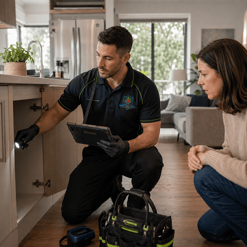 MelBuzz Pest Control technician inspecting a kitchen area with a homeowner, reviewing findings on a