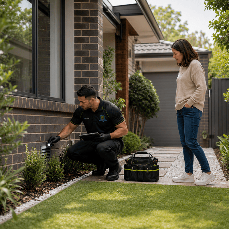 MelBuzz Pest Control technician inspecting a Melbourne home for potential pest risks, discussing findings with