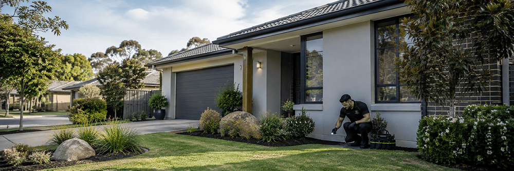 A pest control technician inspects a modern Melbourne home's exterior, assessing potential entry points and