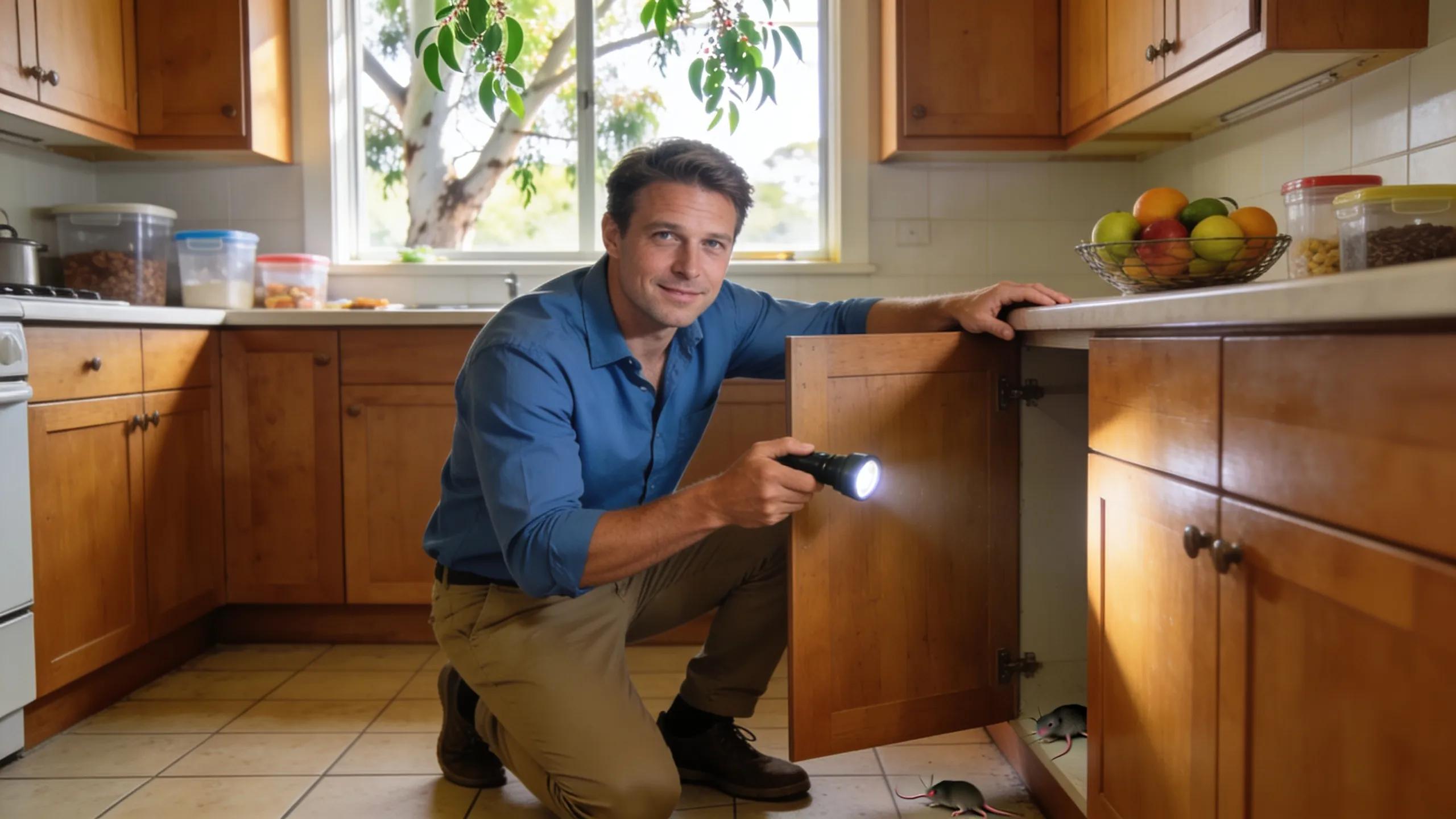 Property owner inspecting for signs of rodent activity in a Melbourne home