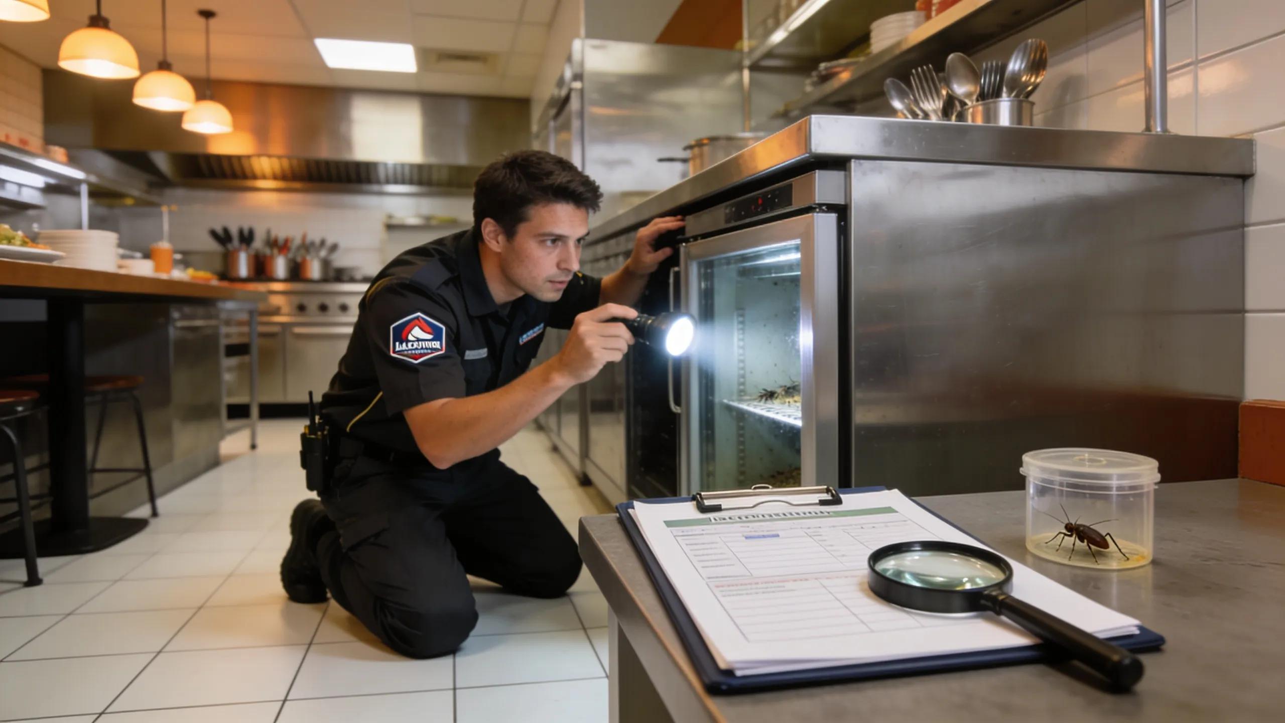 Pest control technician inspecting a restaurant in Melbourne for compliance with health standards