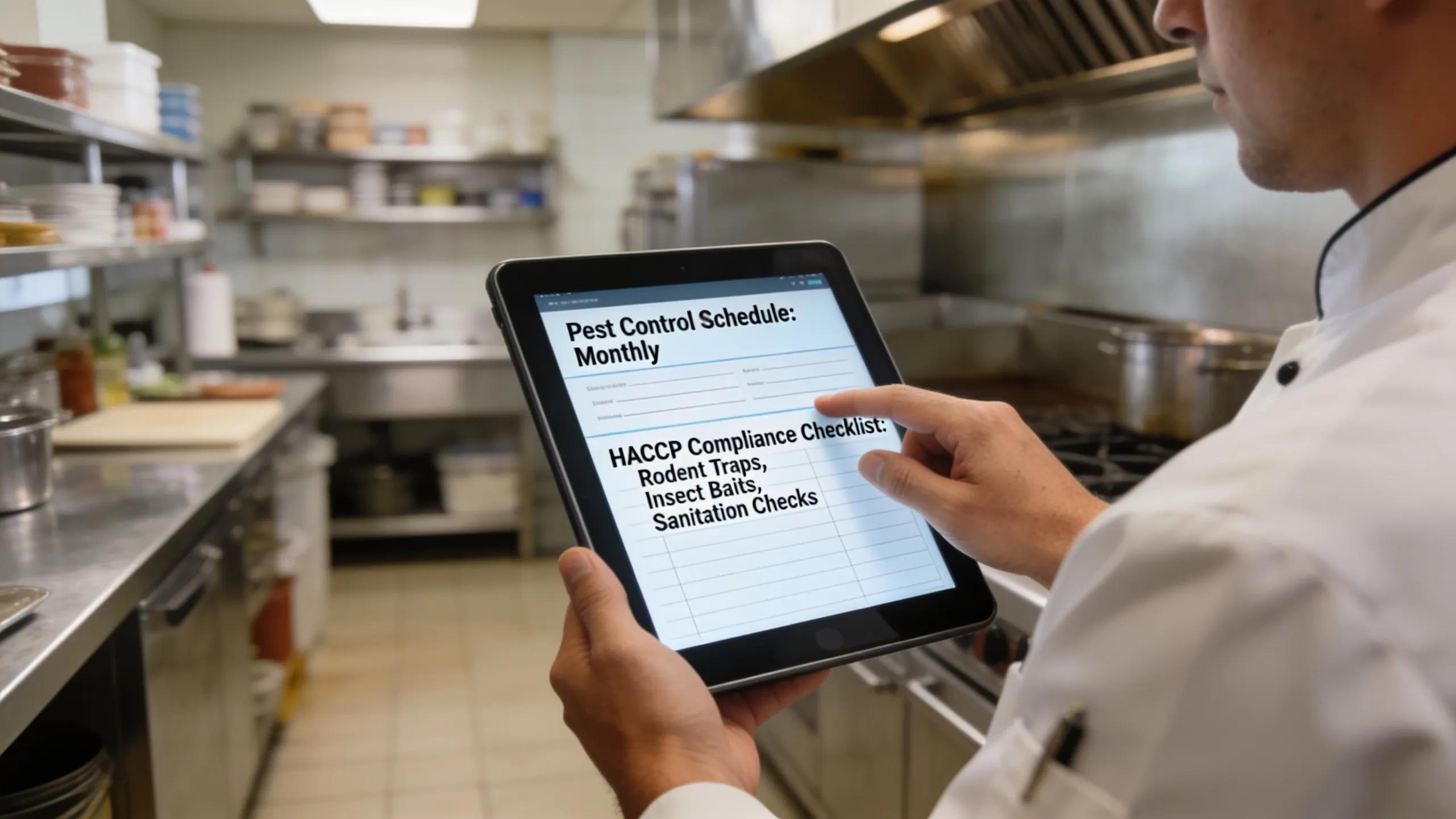 Digital logbook showing pest control schedules and compliance checklists in a restaurant kitchen