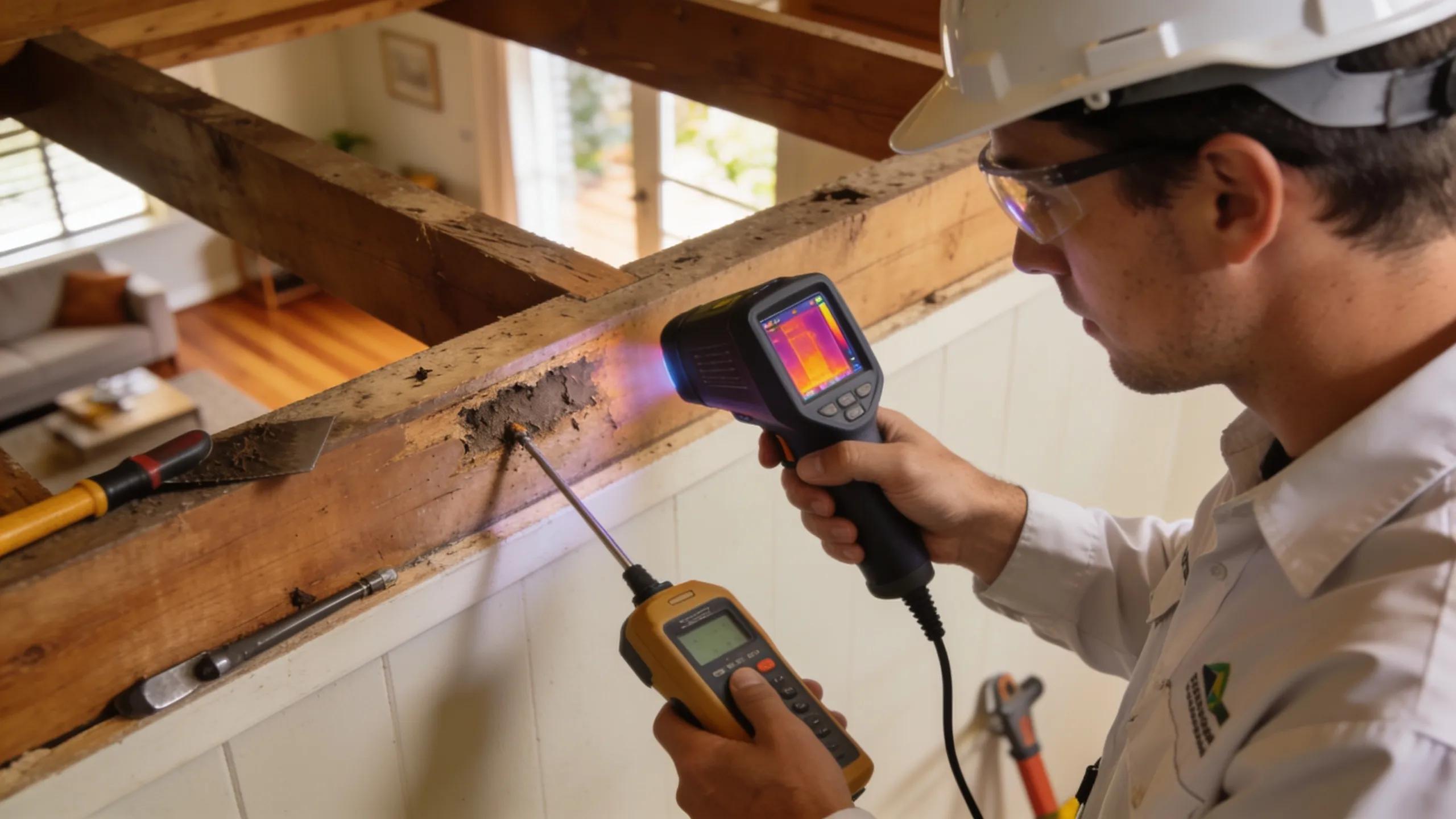Pest inspector using thermal imaging and moisture meters during a termite inspection in a Melbourne home