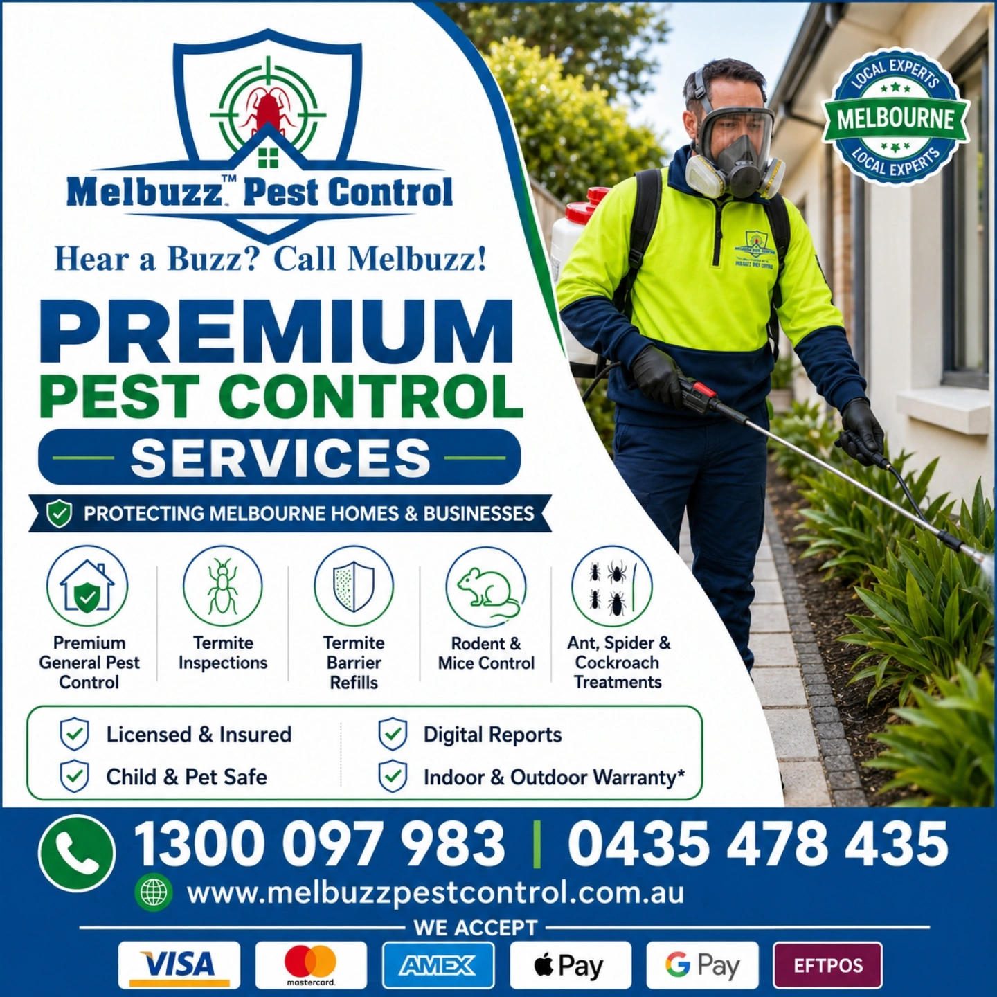 Melbuz Pest Control worker in protective gear treating a residential area for pests.