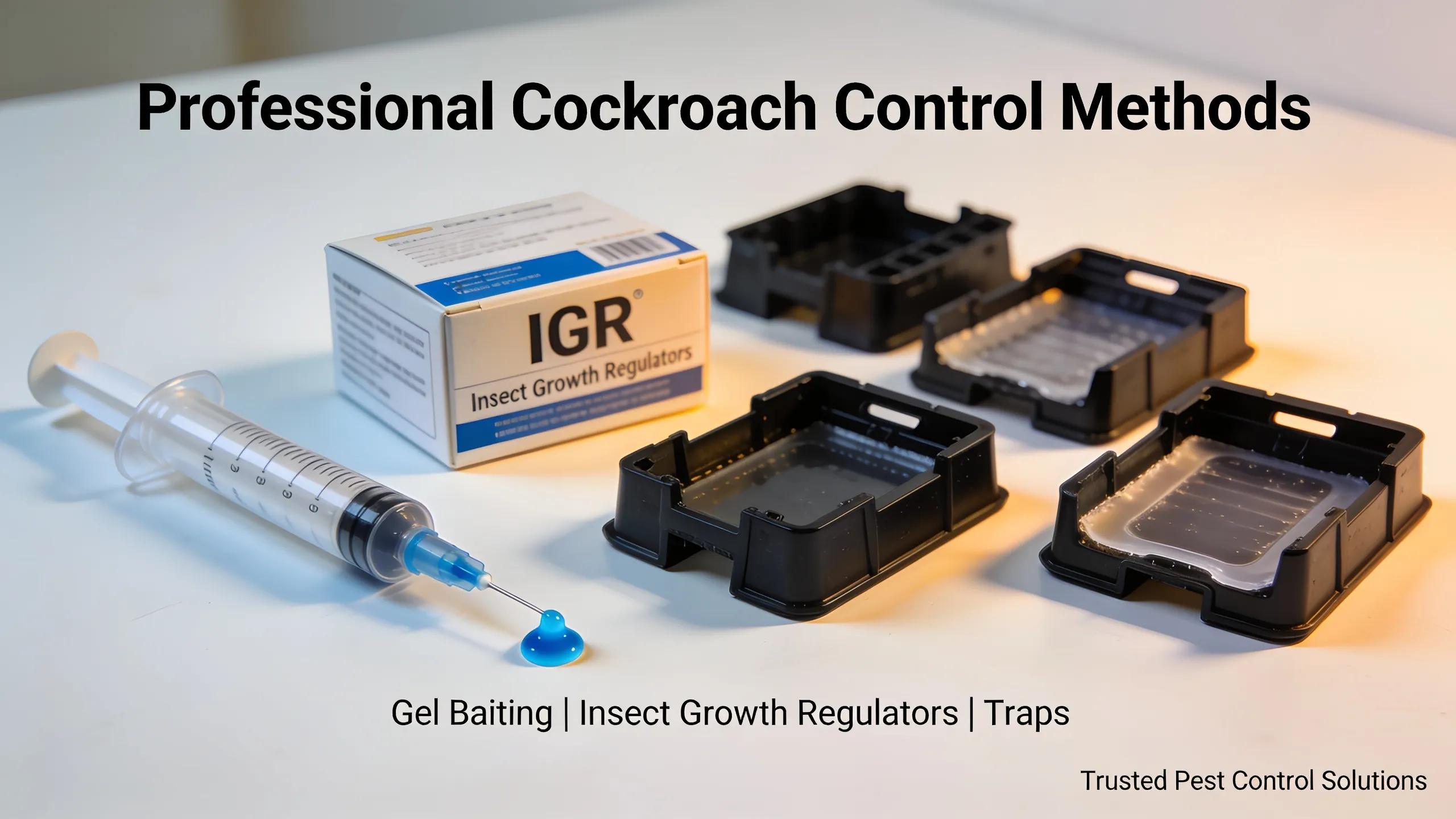 Visual representation of pest control tools for German cockroach elimination, including gel baits and growth regulators