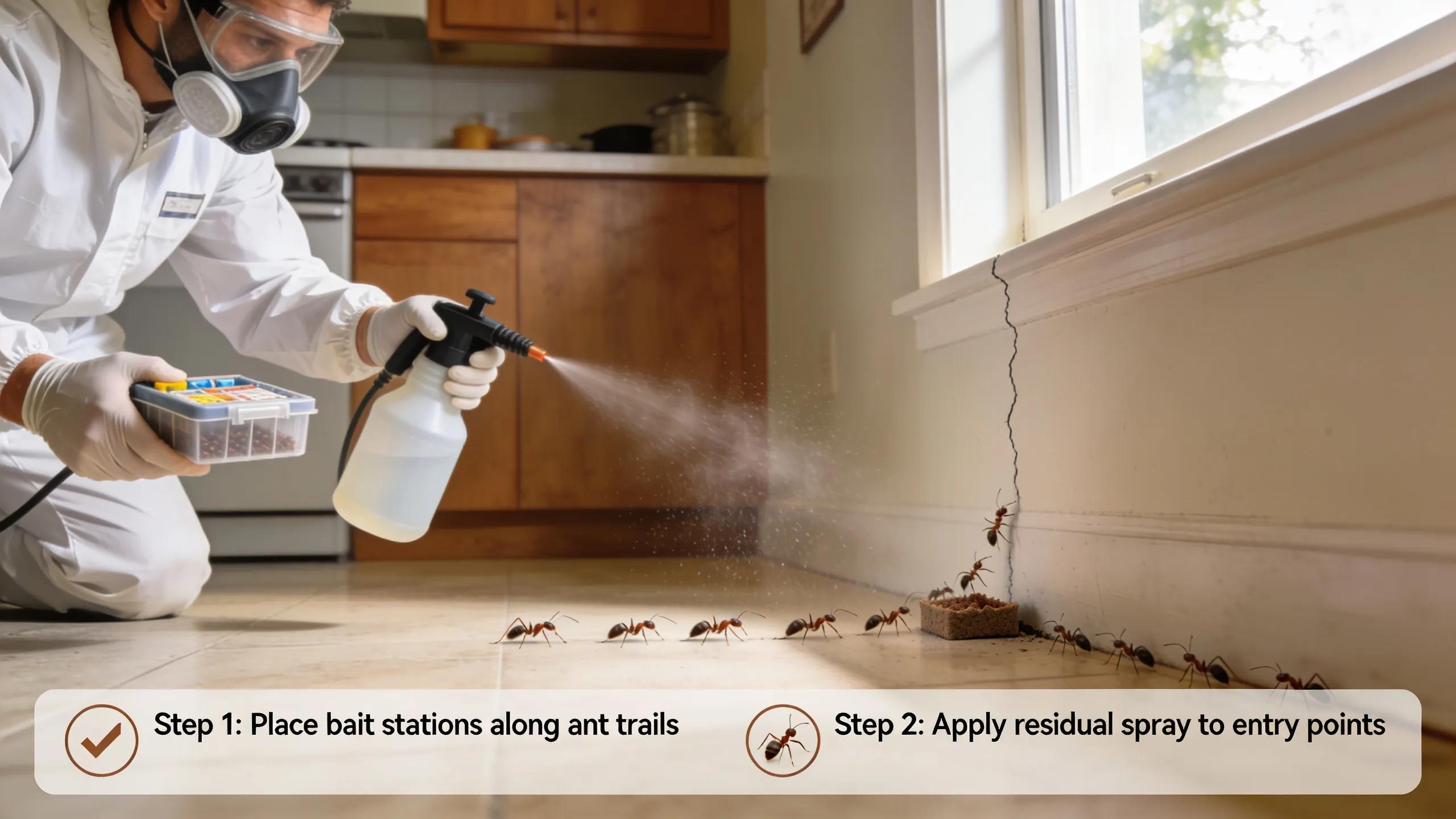 Pest control expert executing baiting and spraying techniques for efficient ant treatment in a home
